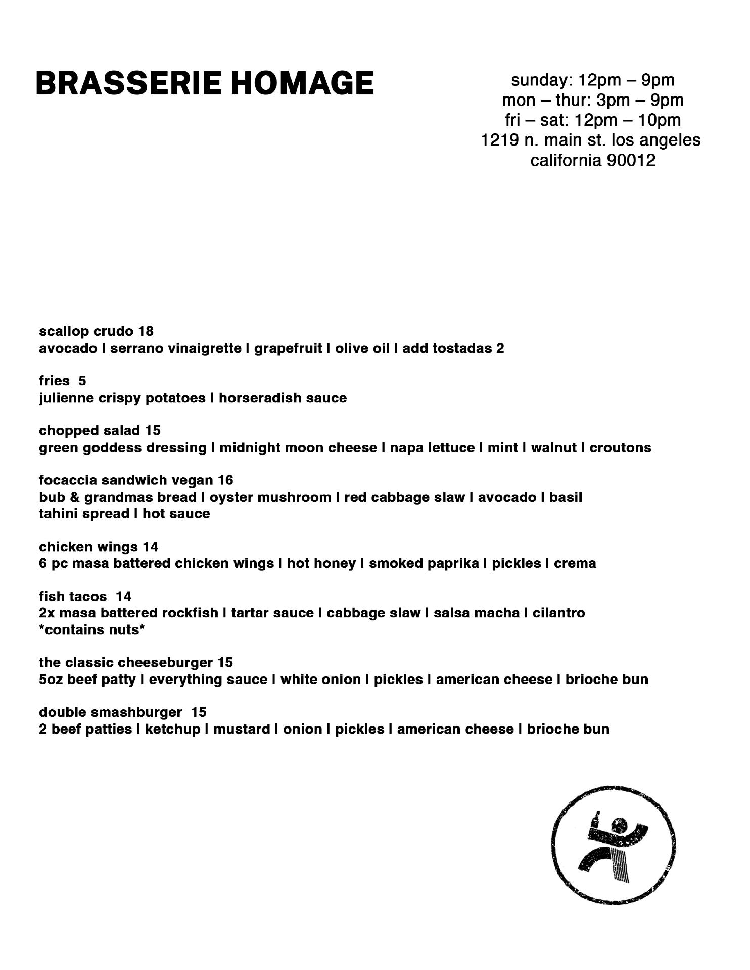 Homage Brewing Menu