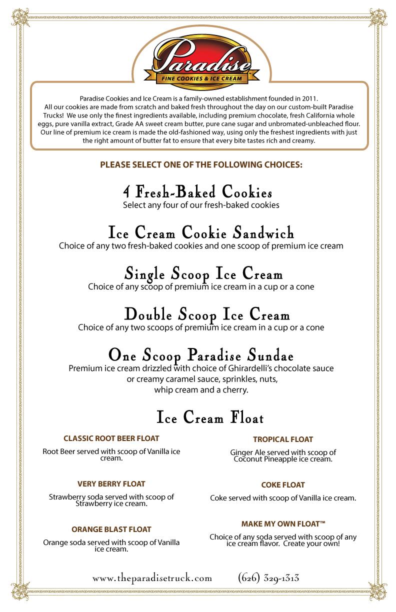Paradise Cookies & Ice Cream Food Truck Menu