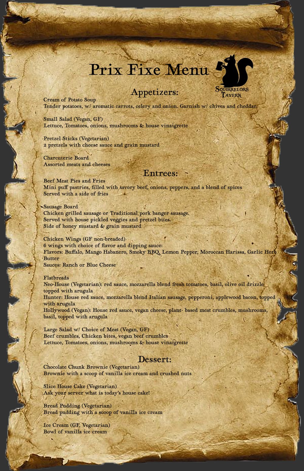 Squirrelor's Tavern Menu
