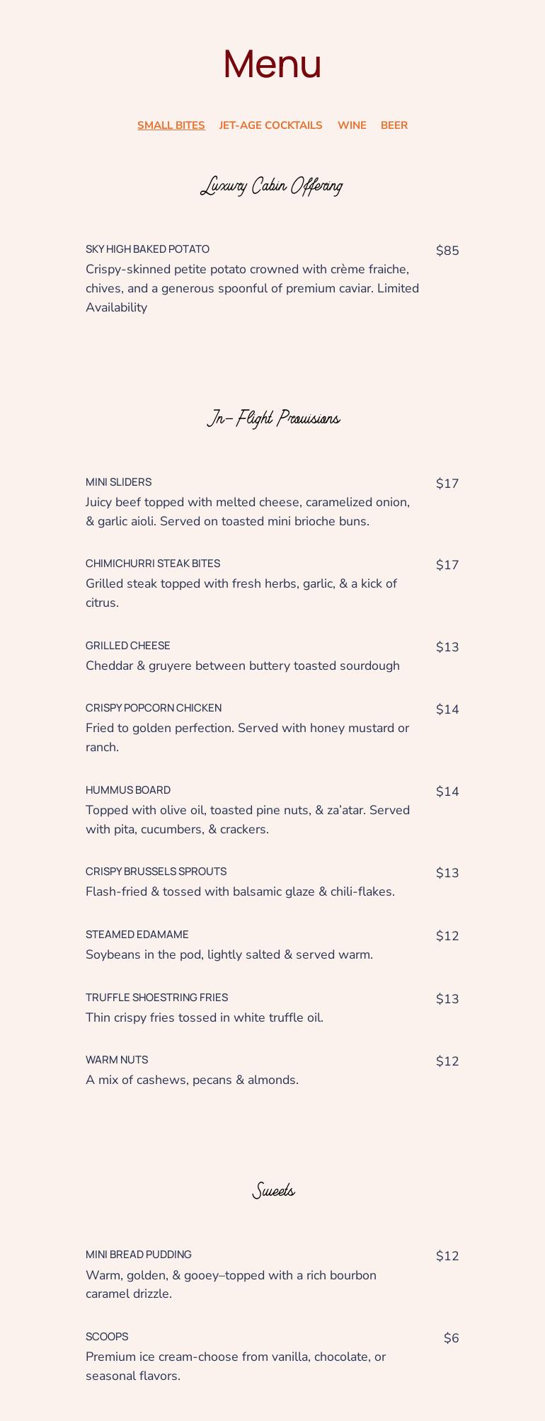 Aviator Melrose Menu