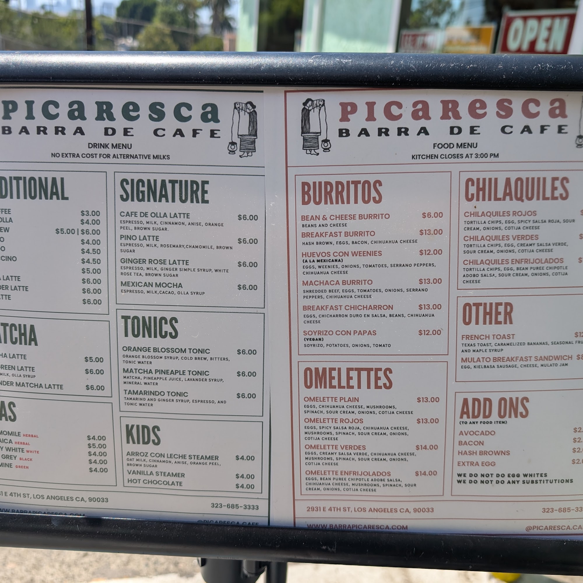 Picaresca Barra de Cafe Menu