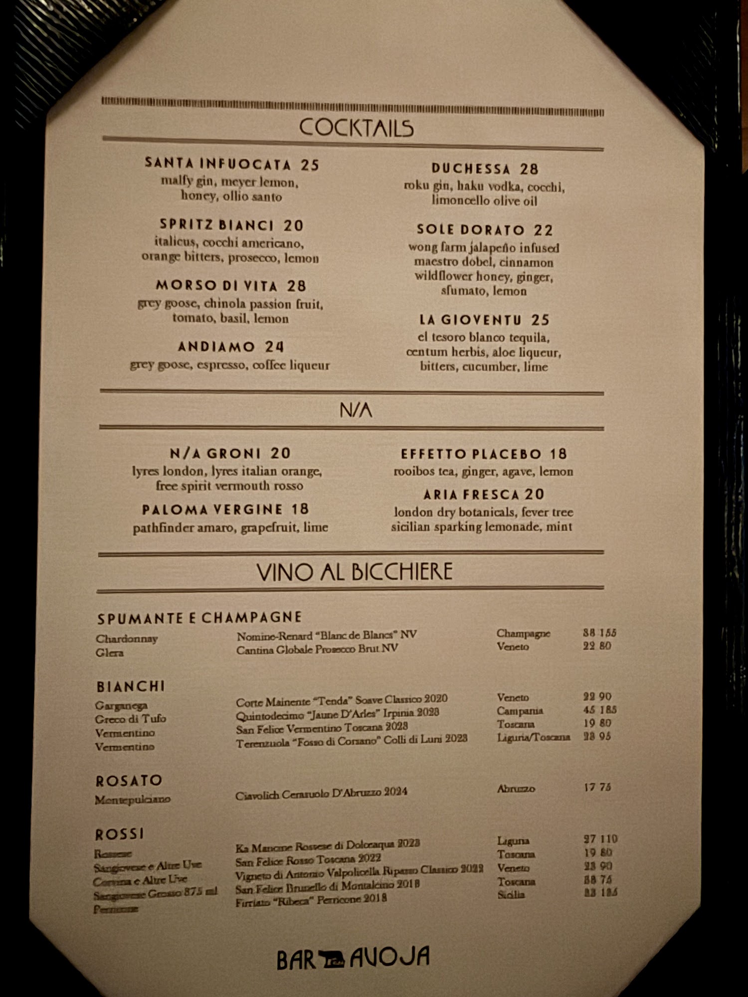 Bar Avoja Menu