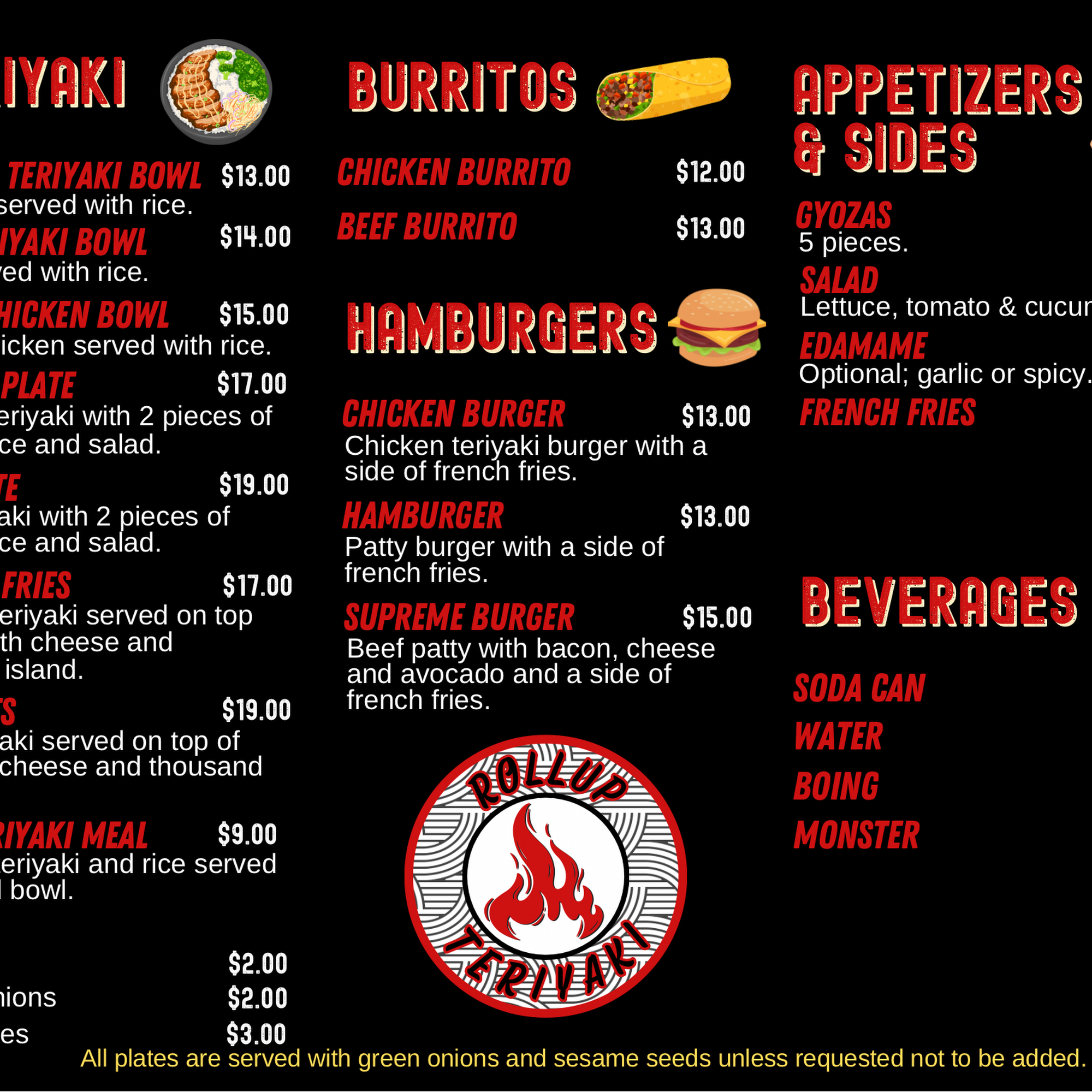 Rollup Teriyaki Menu