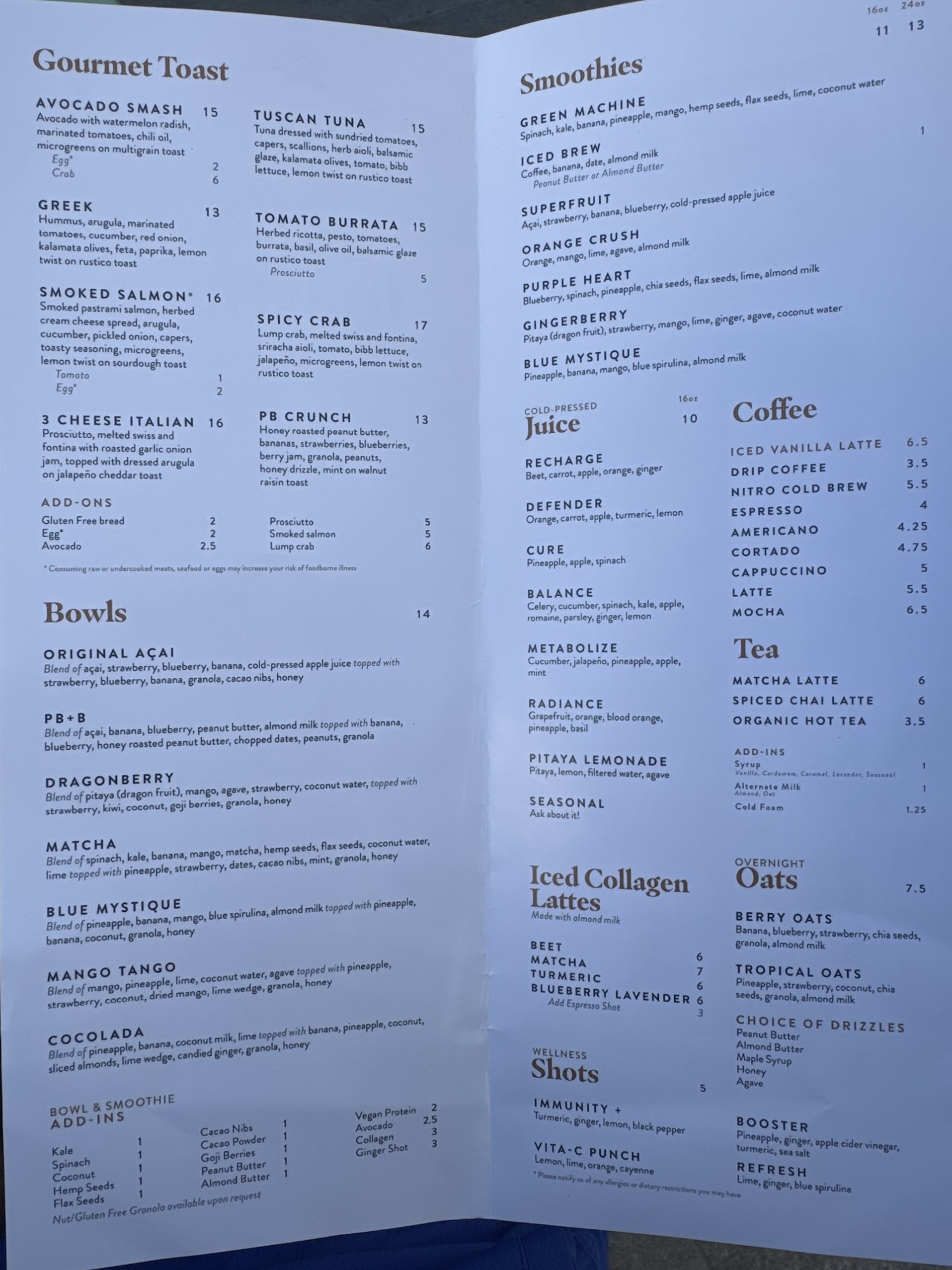 Toastique Menu