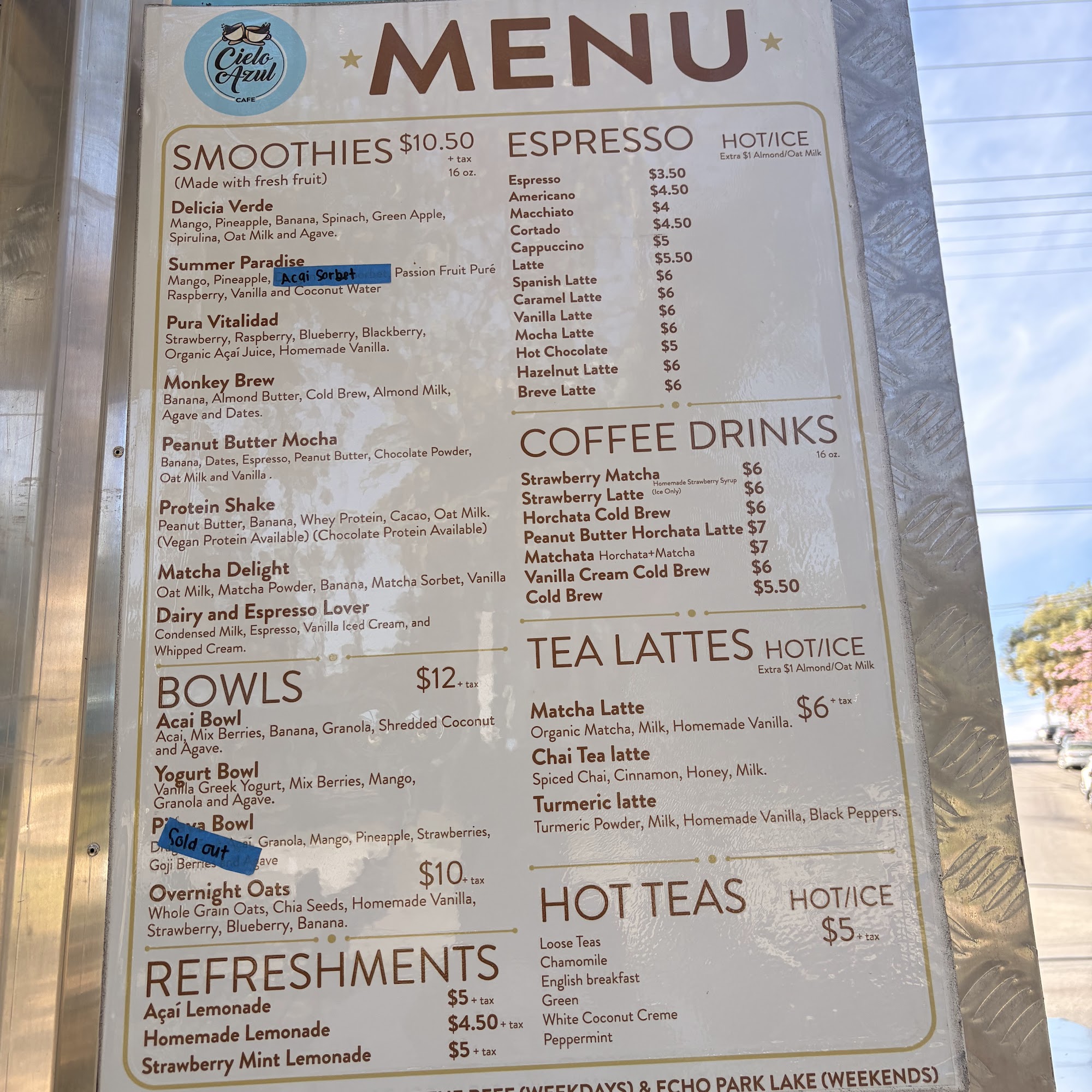Cielo Azul Cafe Menu