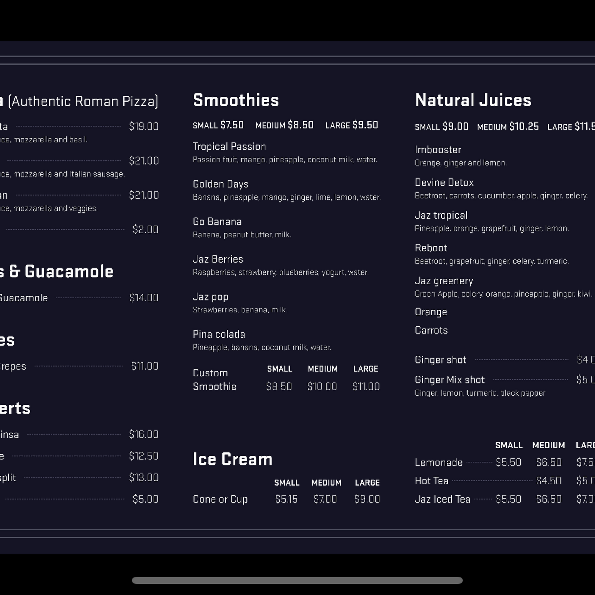 Jaz cafe&kitchen Menu
