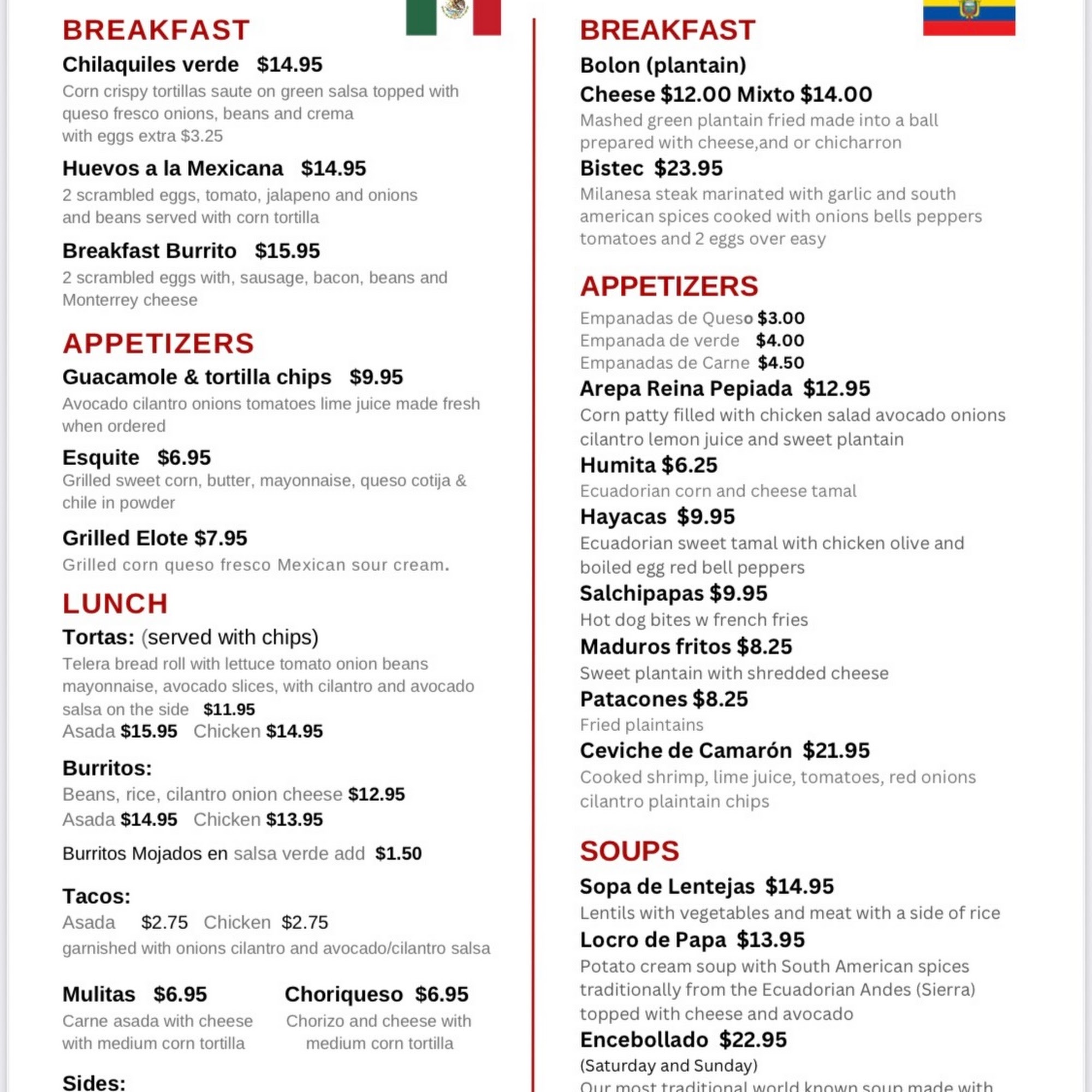 ¡Ave Maria Restaurant! Menu