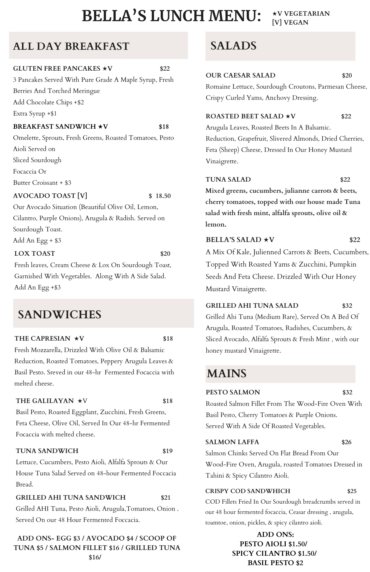 Bella's+Bread+Butter Menu
