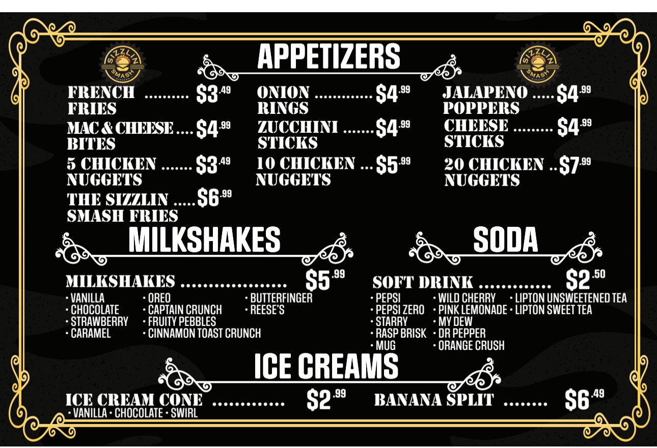 Sizzlin Smash Burgers Menu