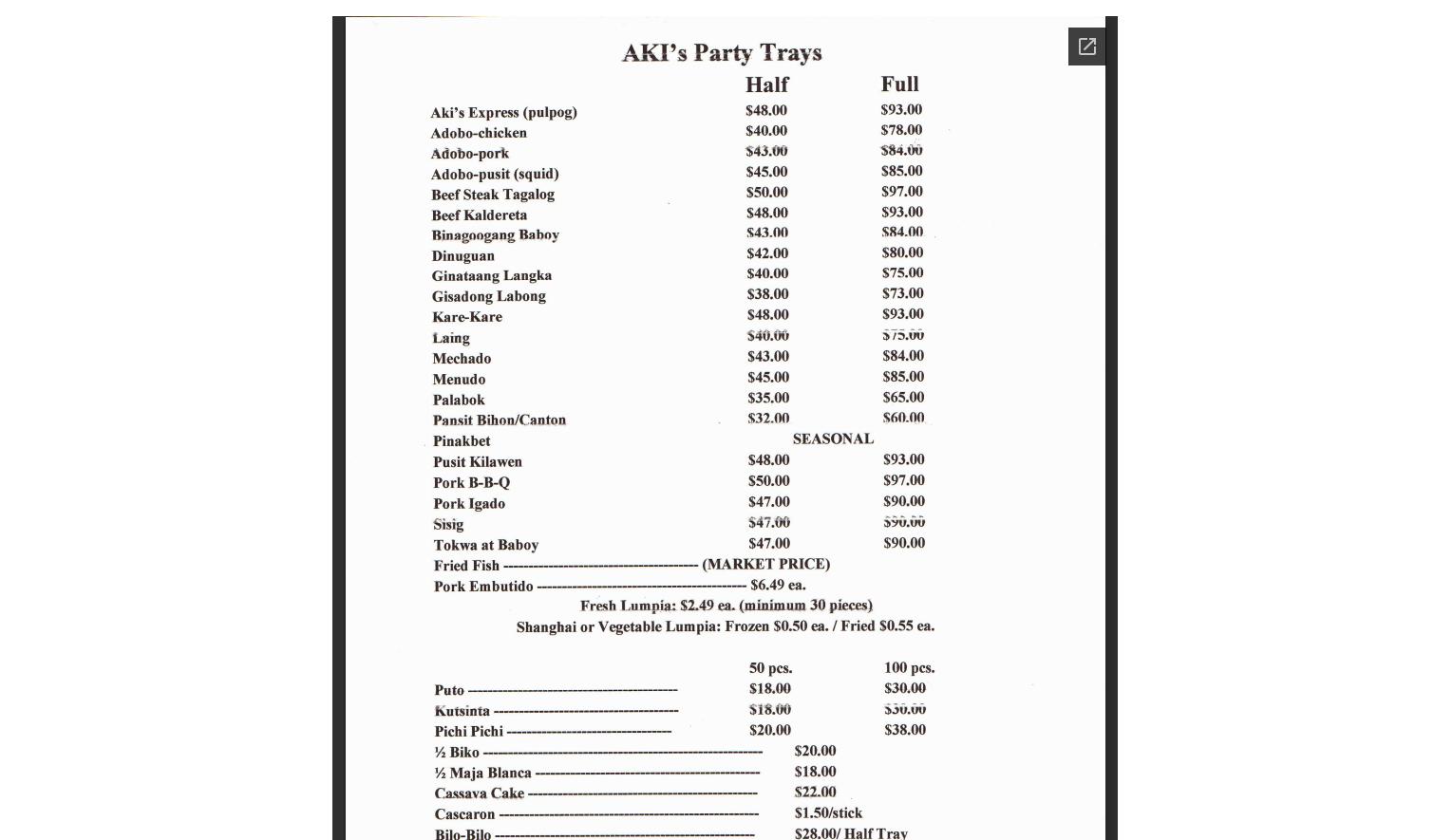 Aki's Food To Go & Oriental Menu