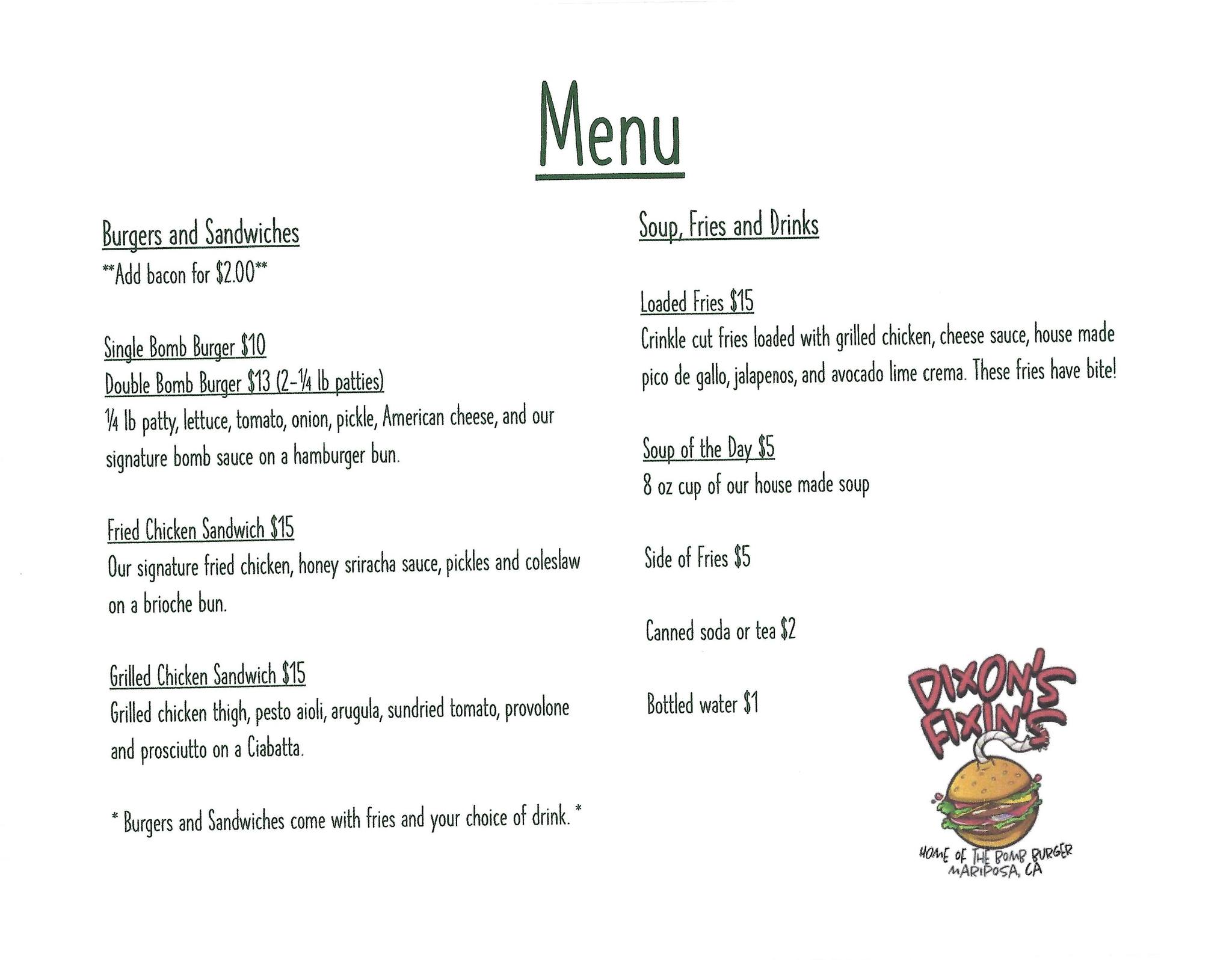 Dixon's Fixin's Menu