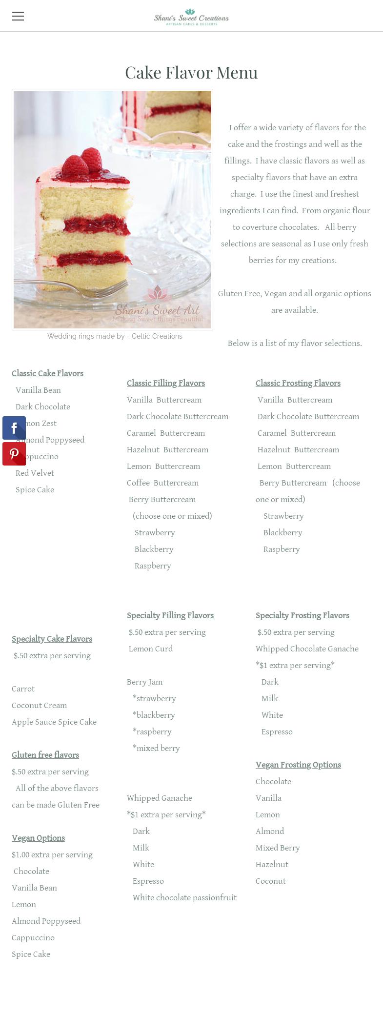Shani’s Sweet Creations Menu