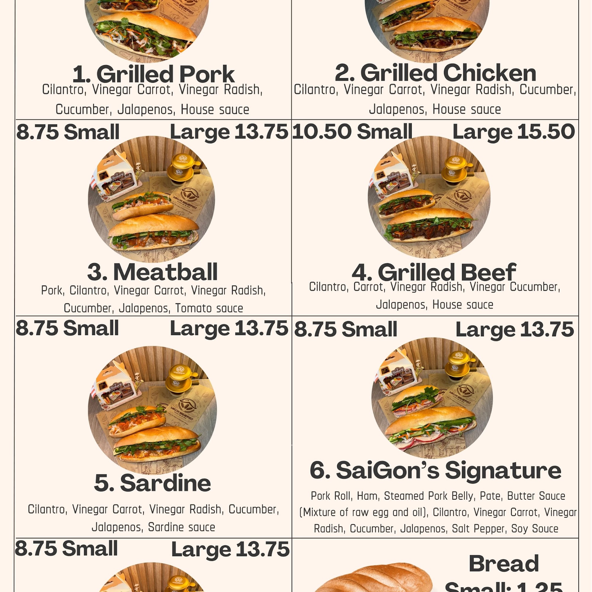 SaiGon BreadFast Menu