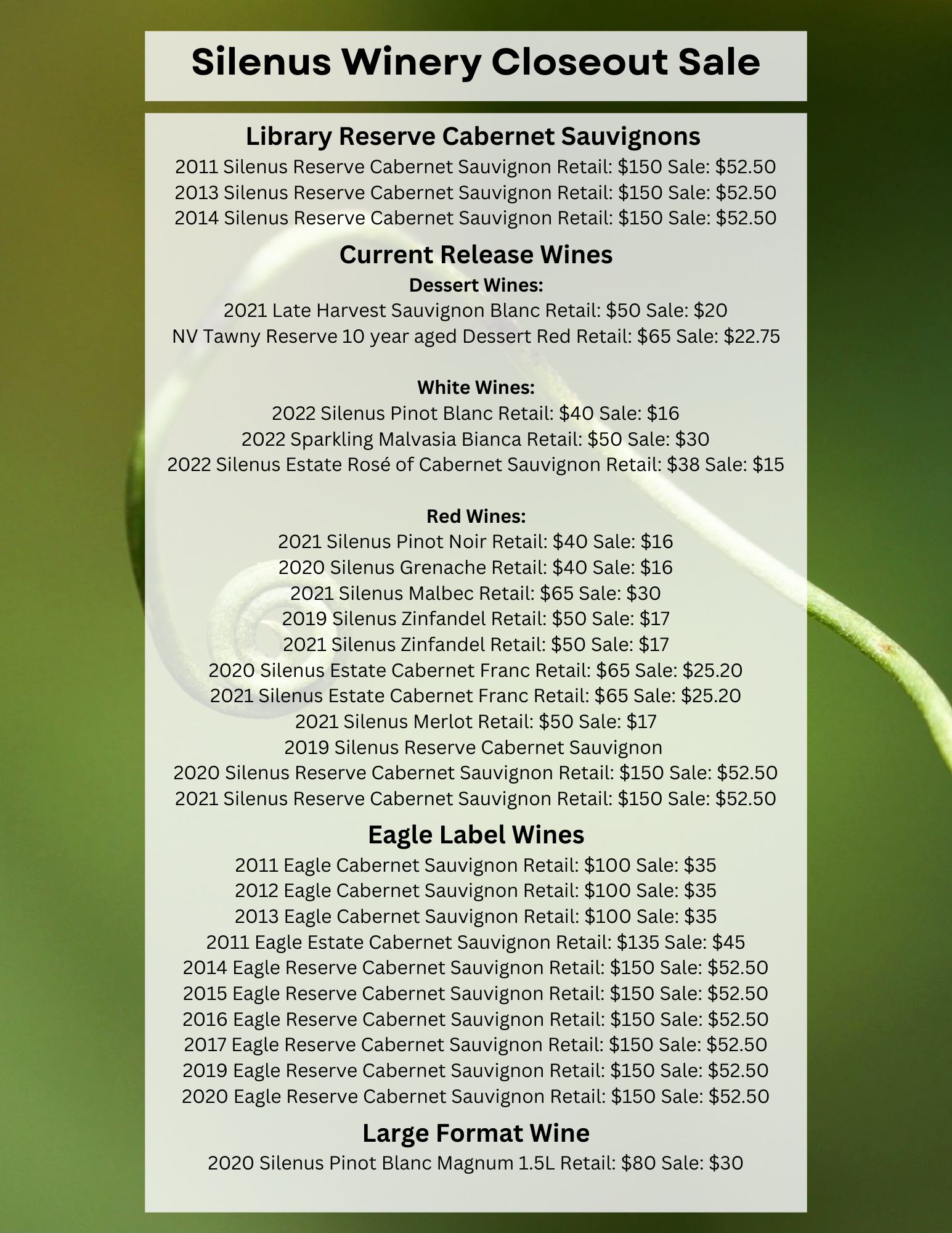 Silenus Winery Menu