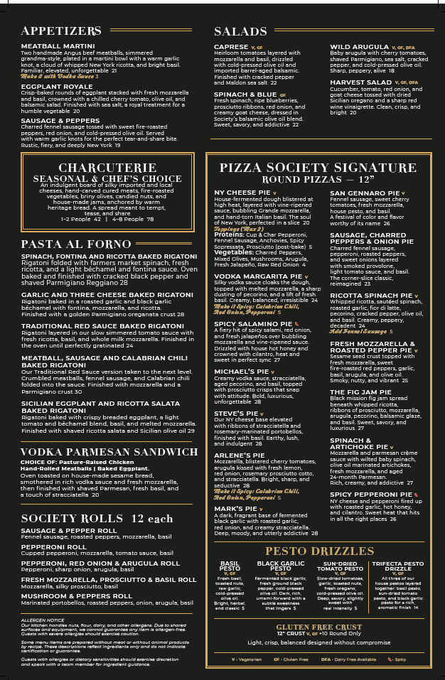 Society Pizza Lounge Menu
