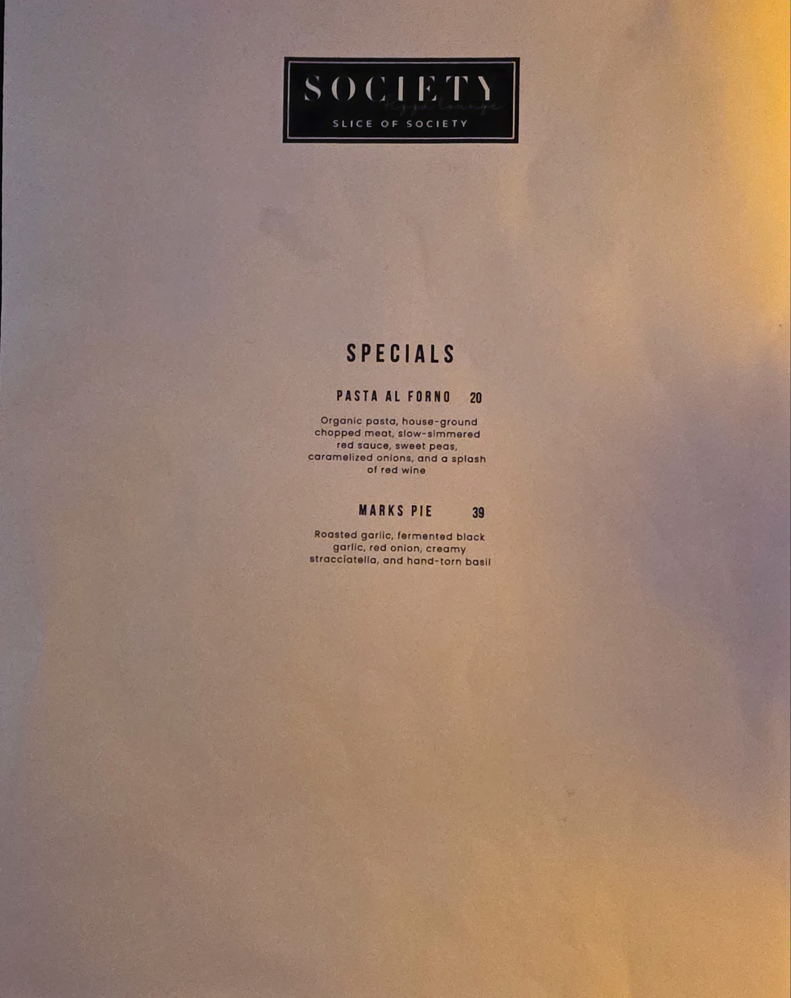 Society Pizza Lounge Menu