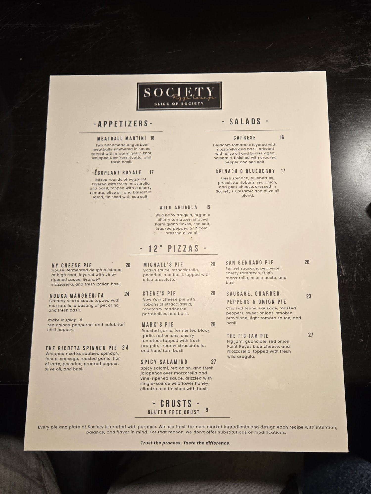 Society Pizza Lounge Menu