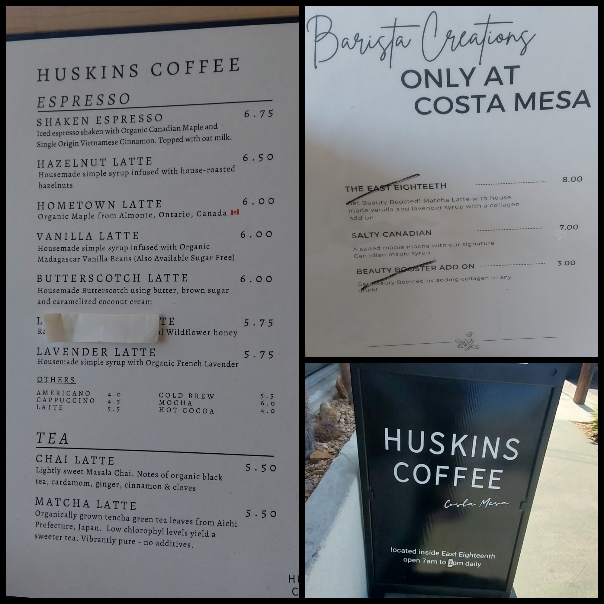 Huskins Coffee Menu