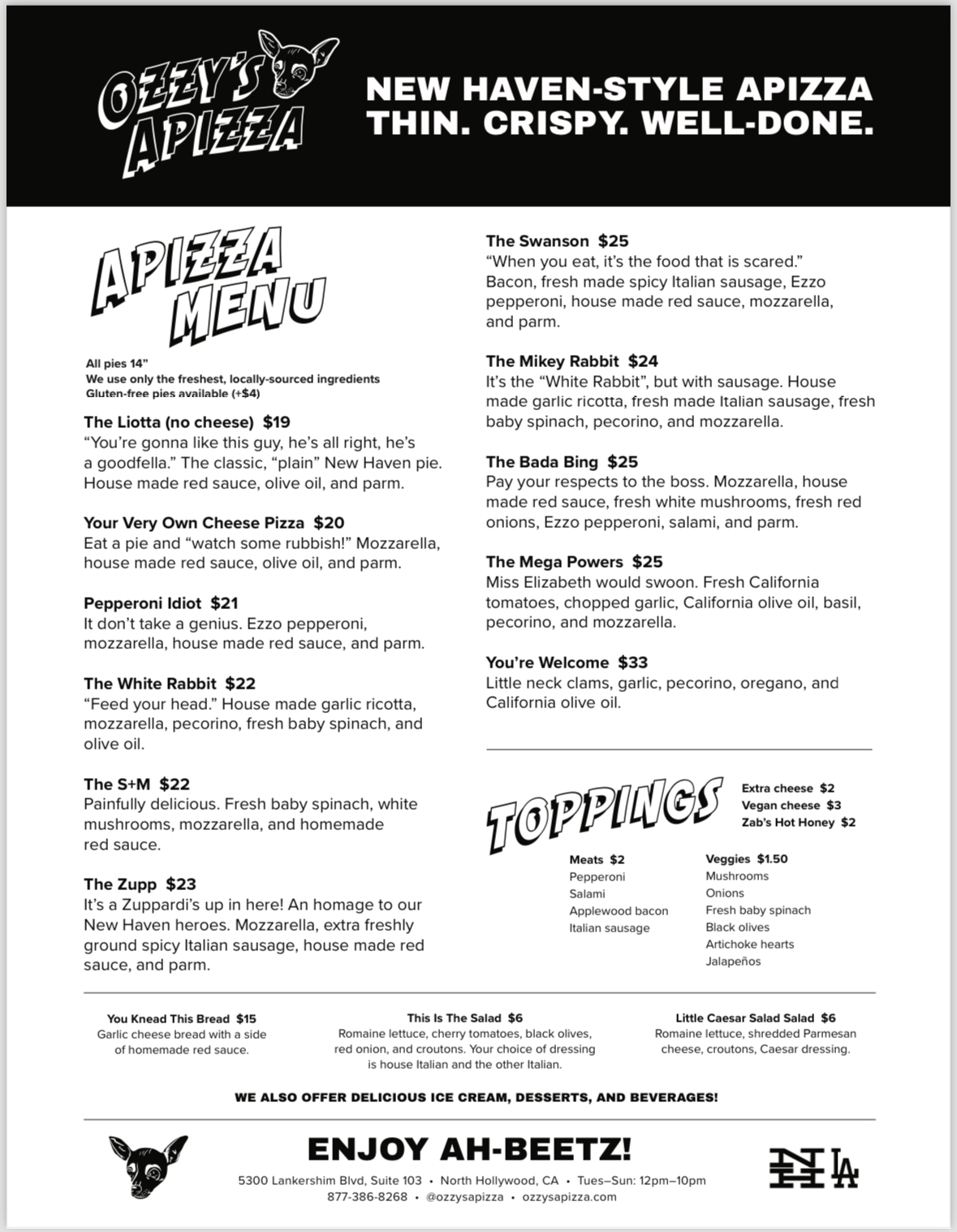 Ozzy's Apizza Menu