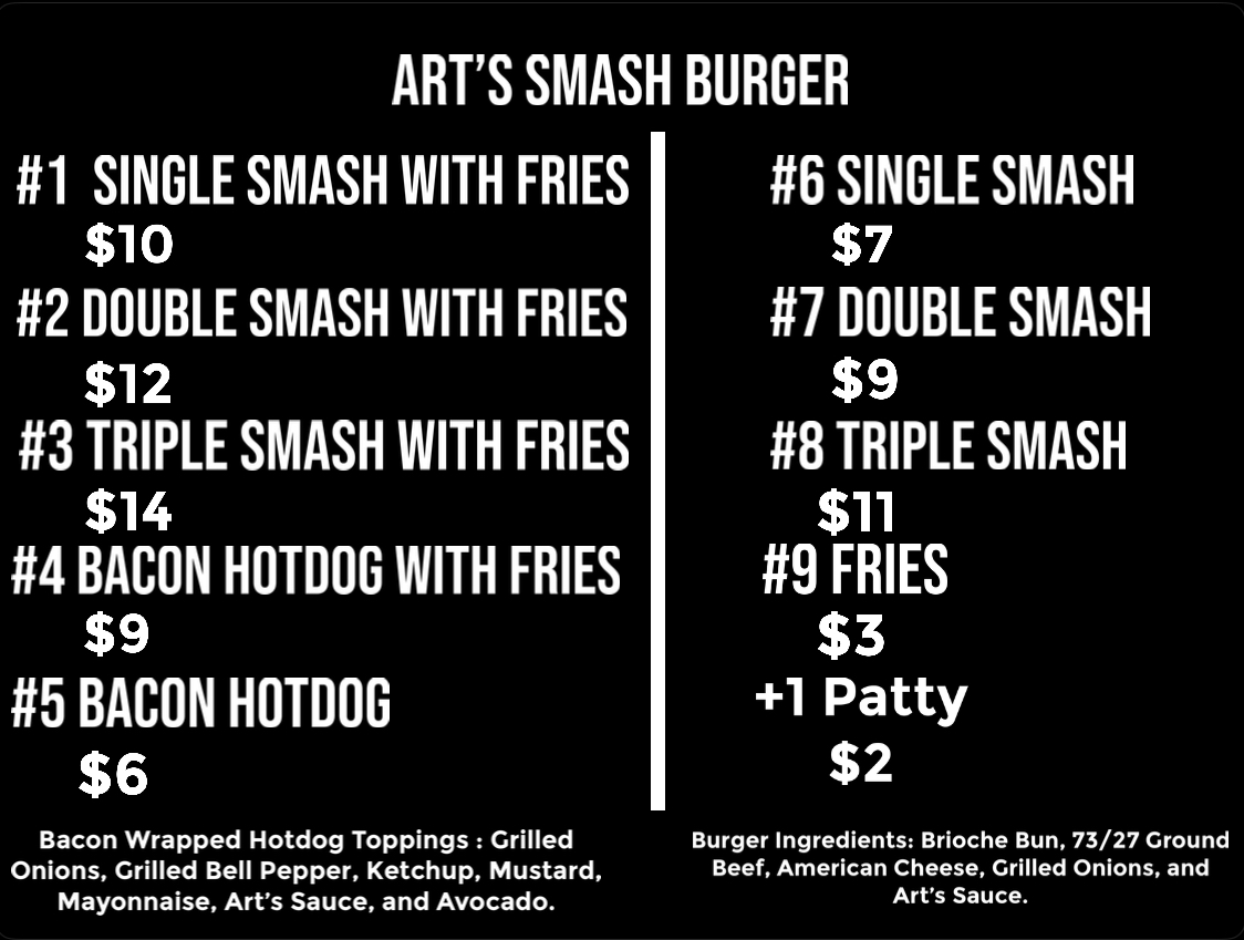 Arts Smash Burger Menu