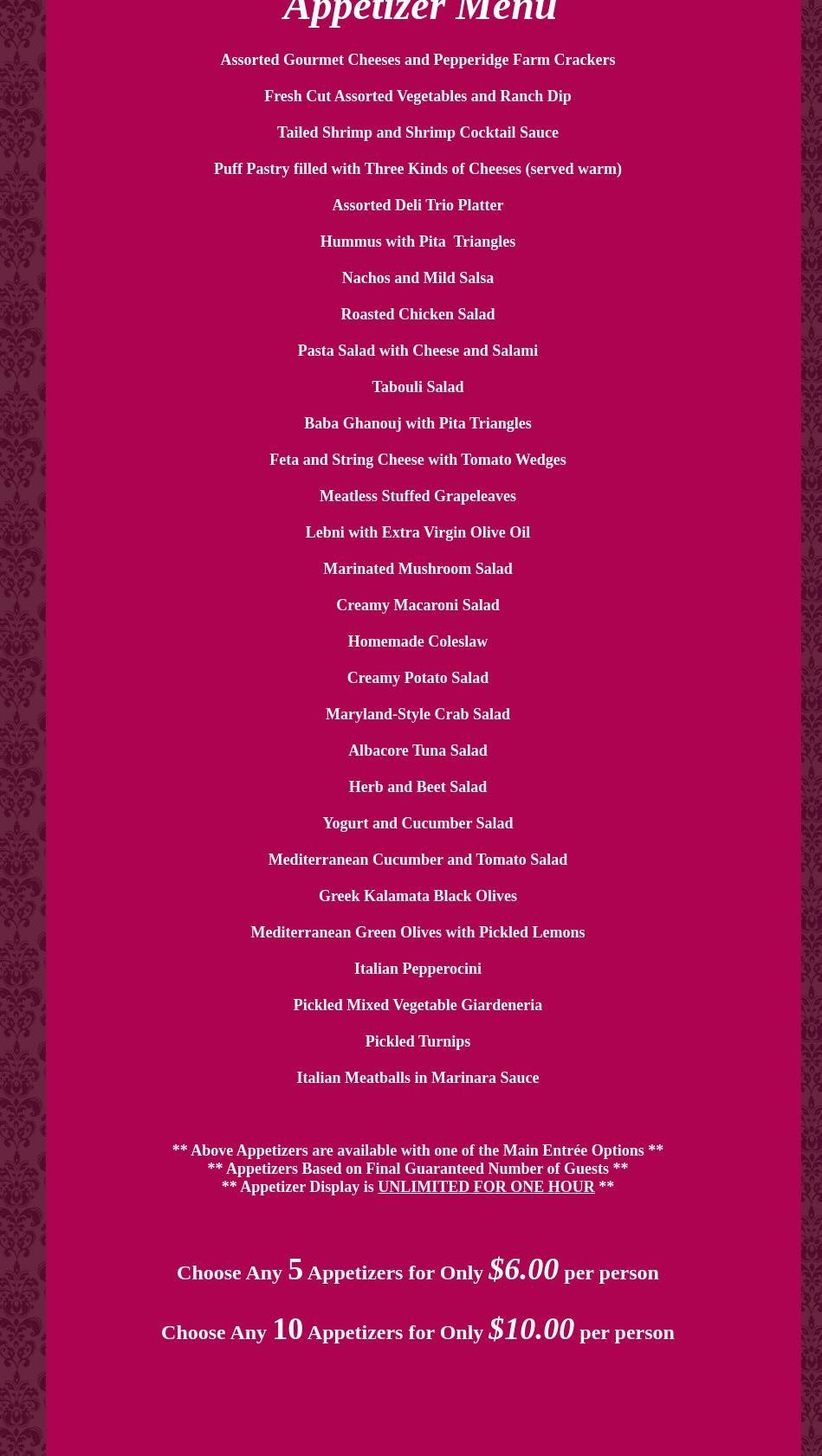Mona Lisa Catering Menu