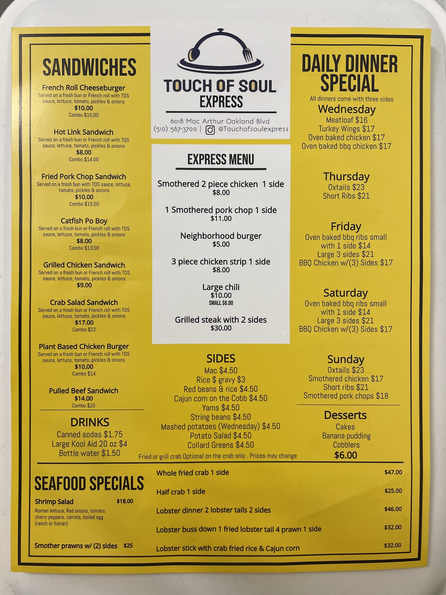 Touch Of Soul Express Menu