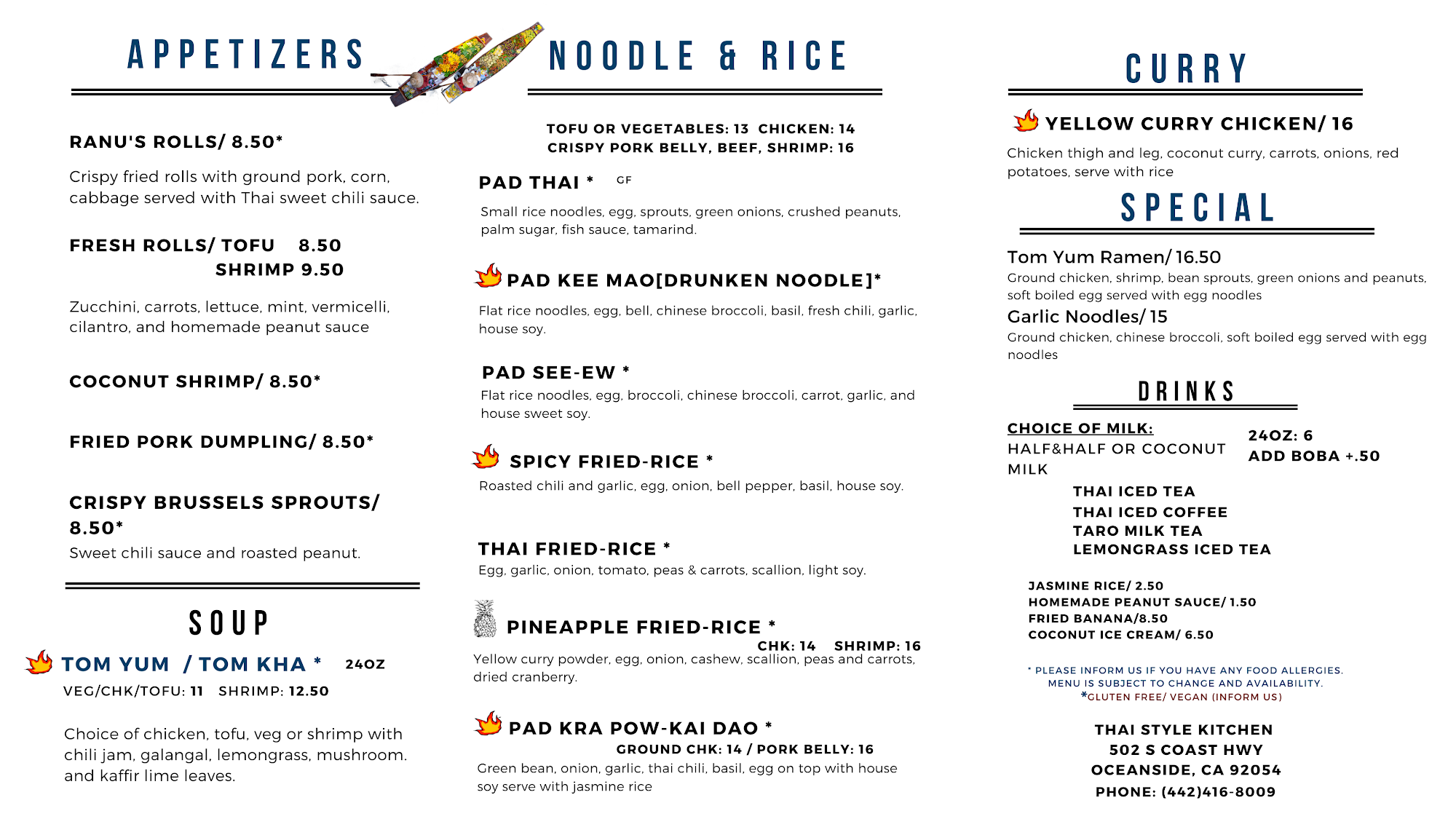 Thai Style Kitchen Oceanside Menu