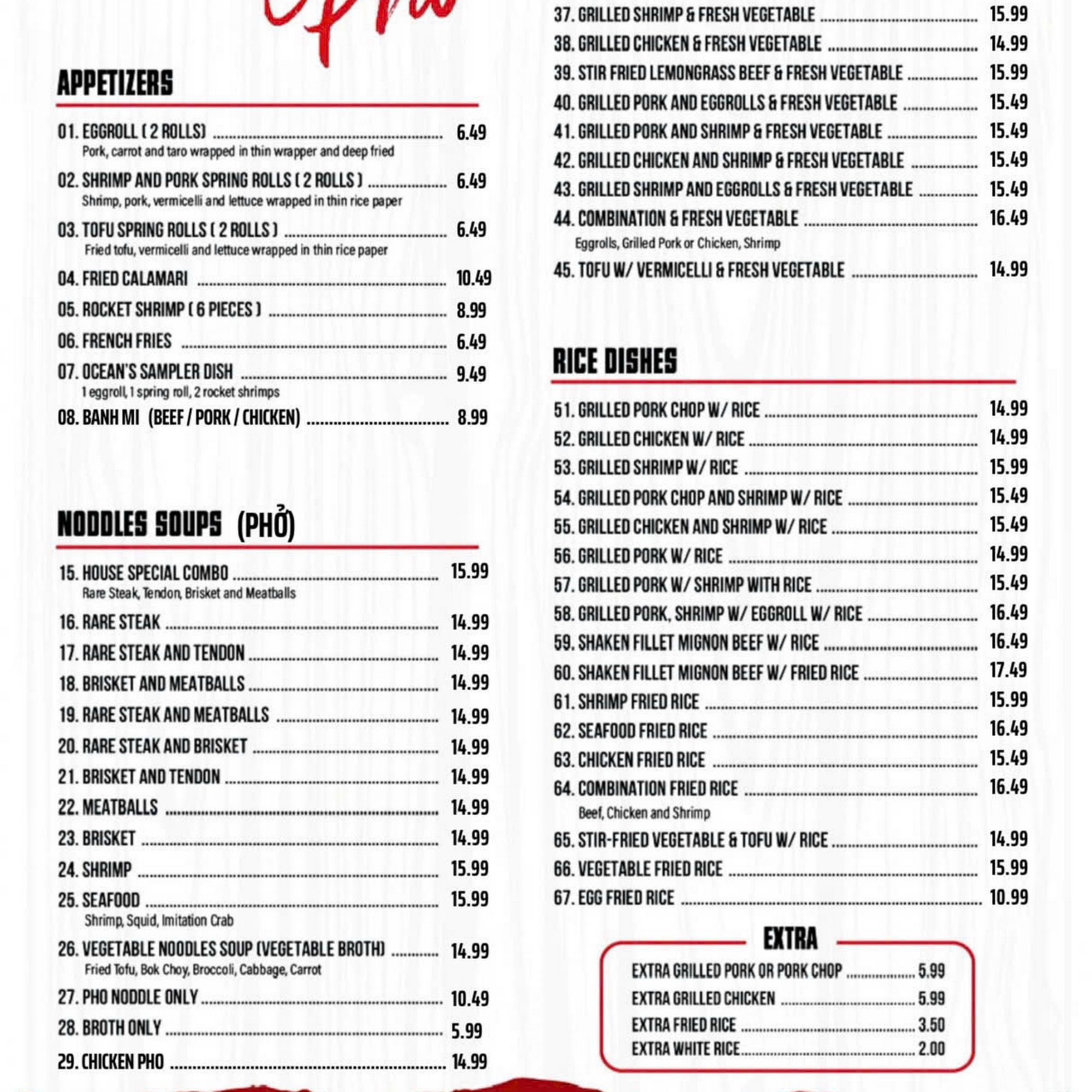 Pho Ocean Garden Menu