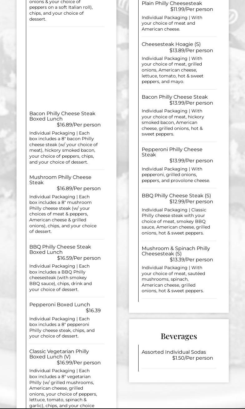 Nicky's Phillys Catering Co Menu