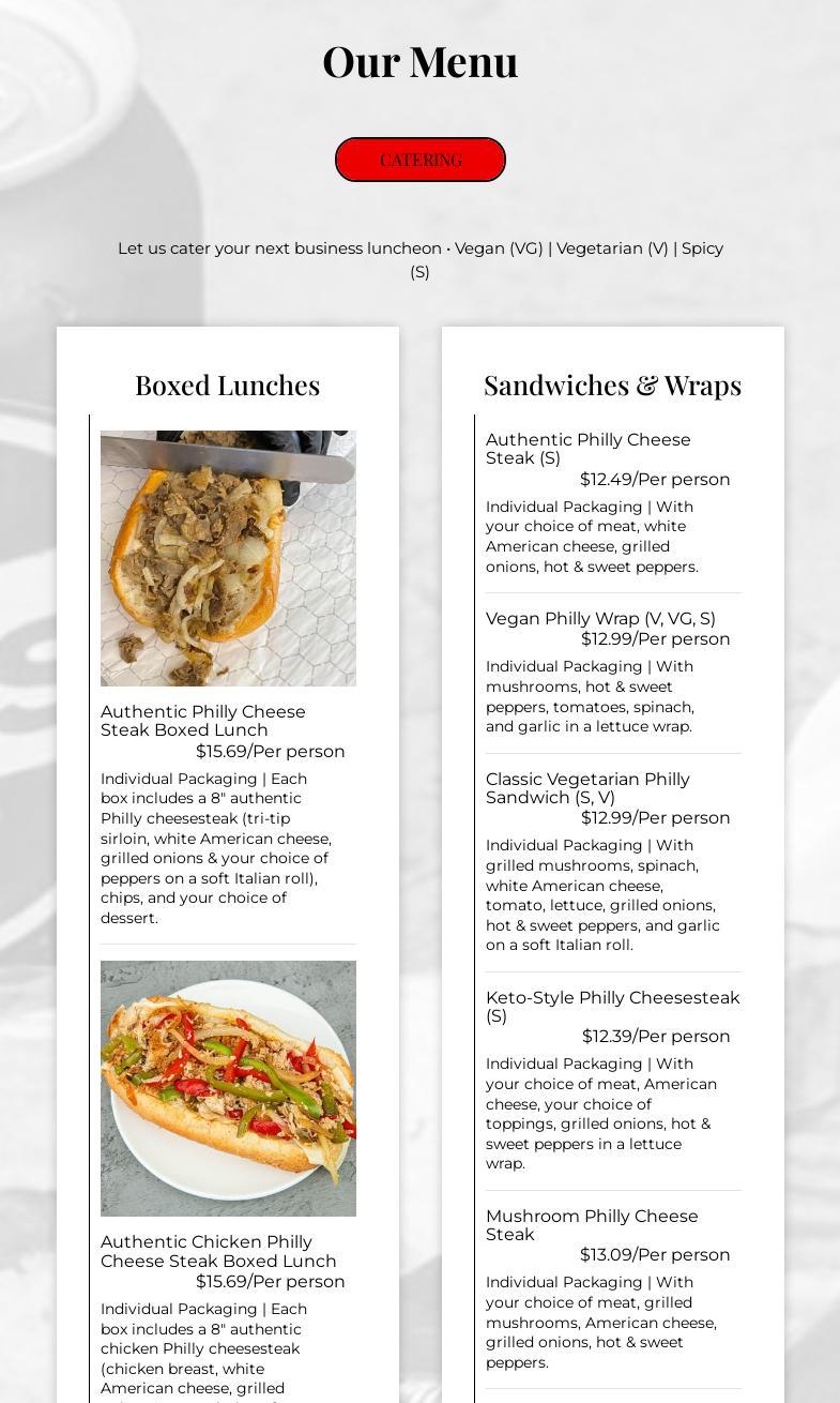 Nicky's Phillys Catering Co Menu