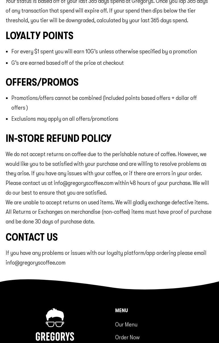 Gregorys Coffee Menu