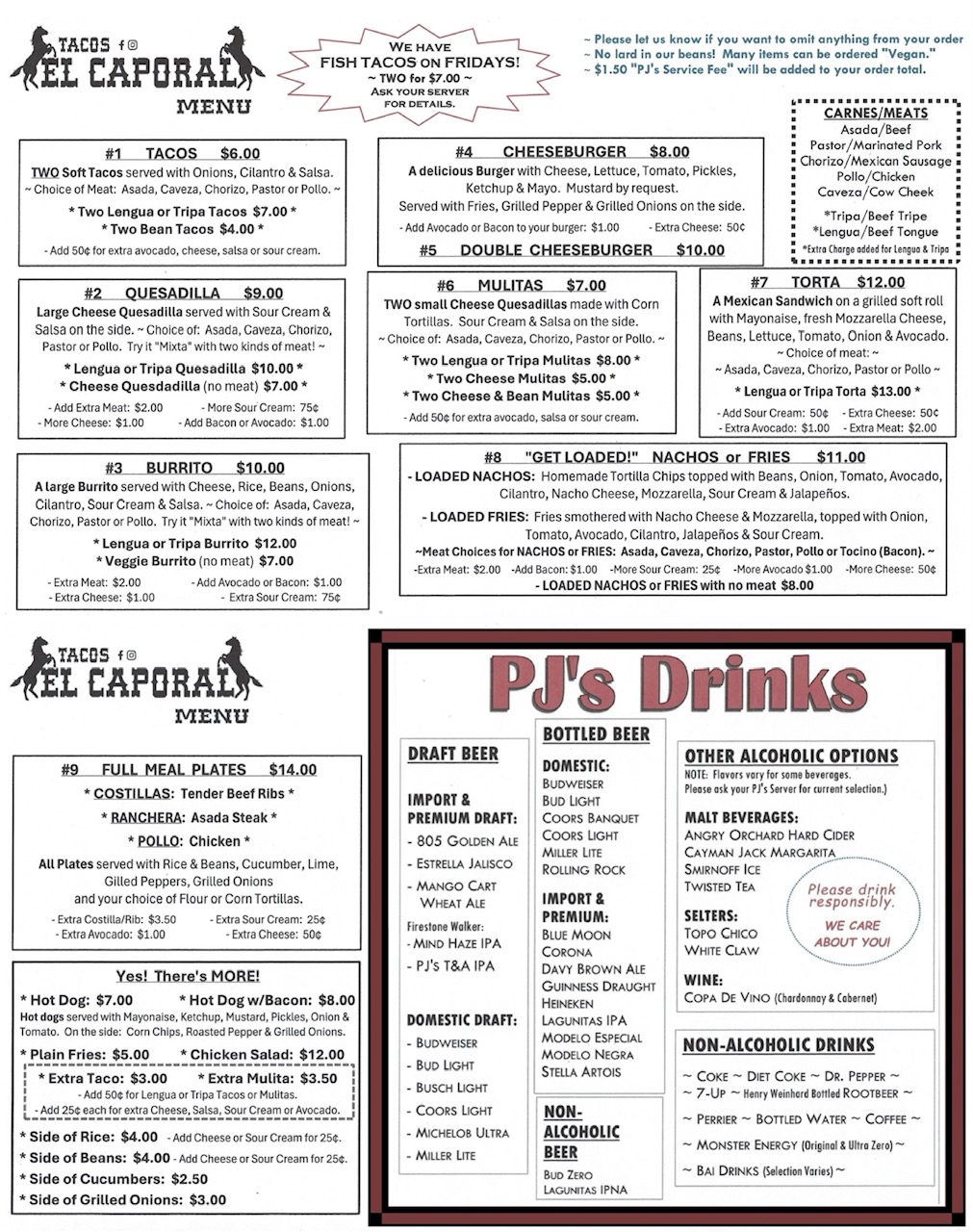 PJ's Entertainment Menu