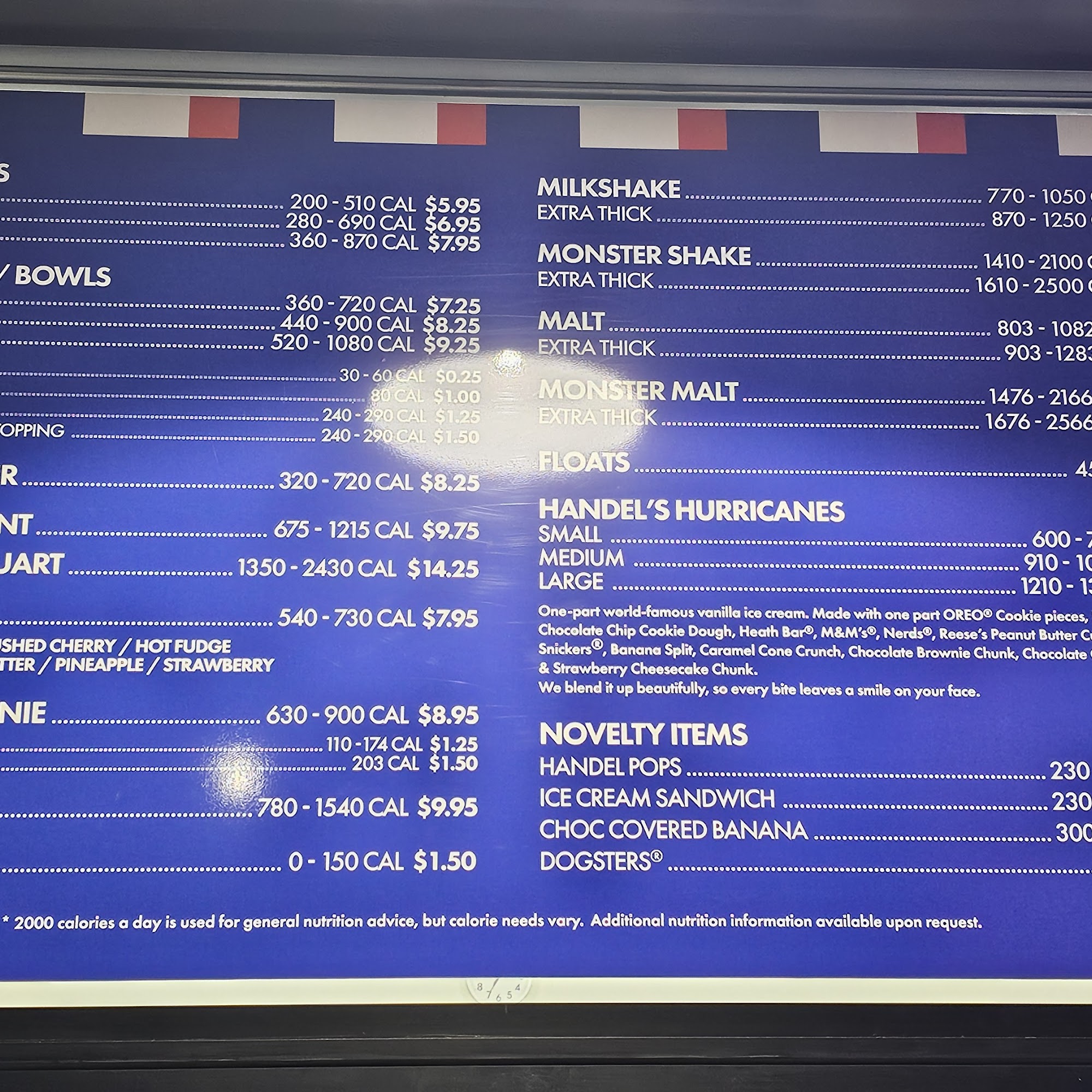 Handel's Ice Cream Menu