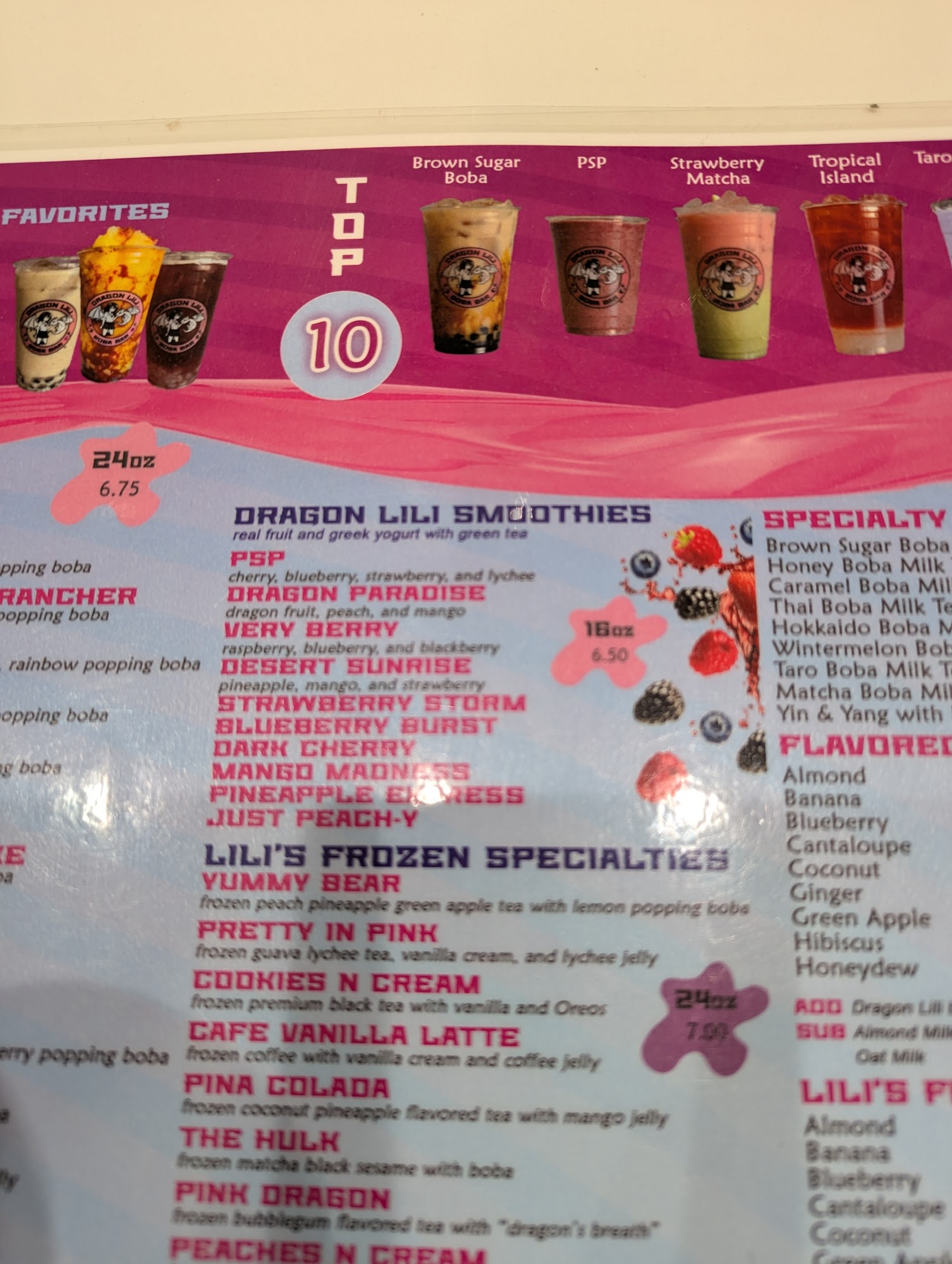 Dragon Lili Boba Bar Menu