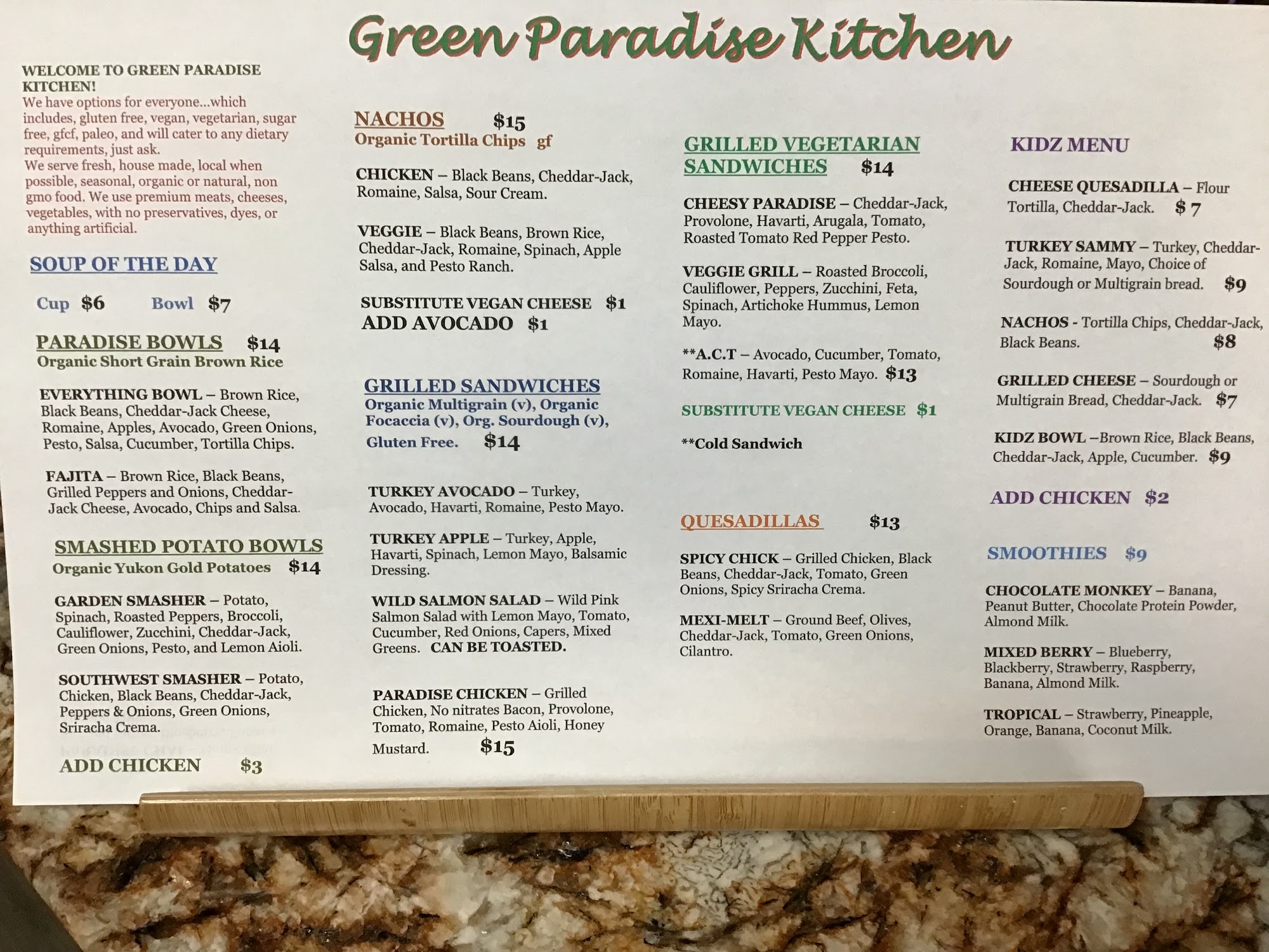 Green Paradise Cafe Menu