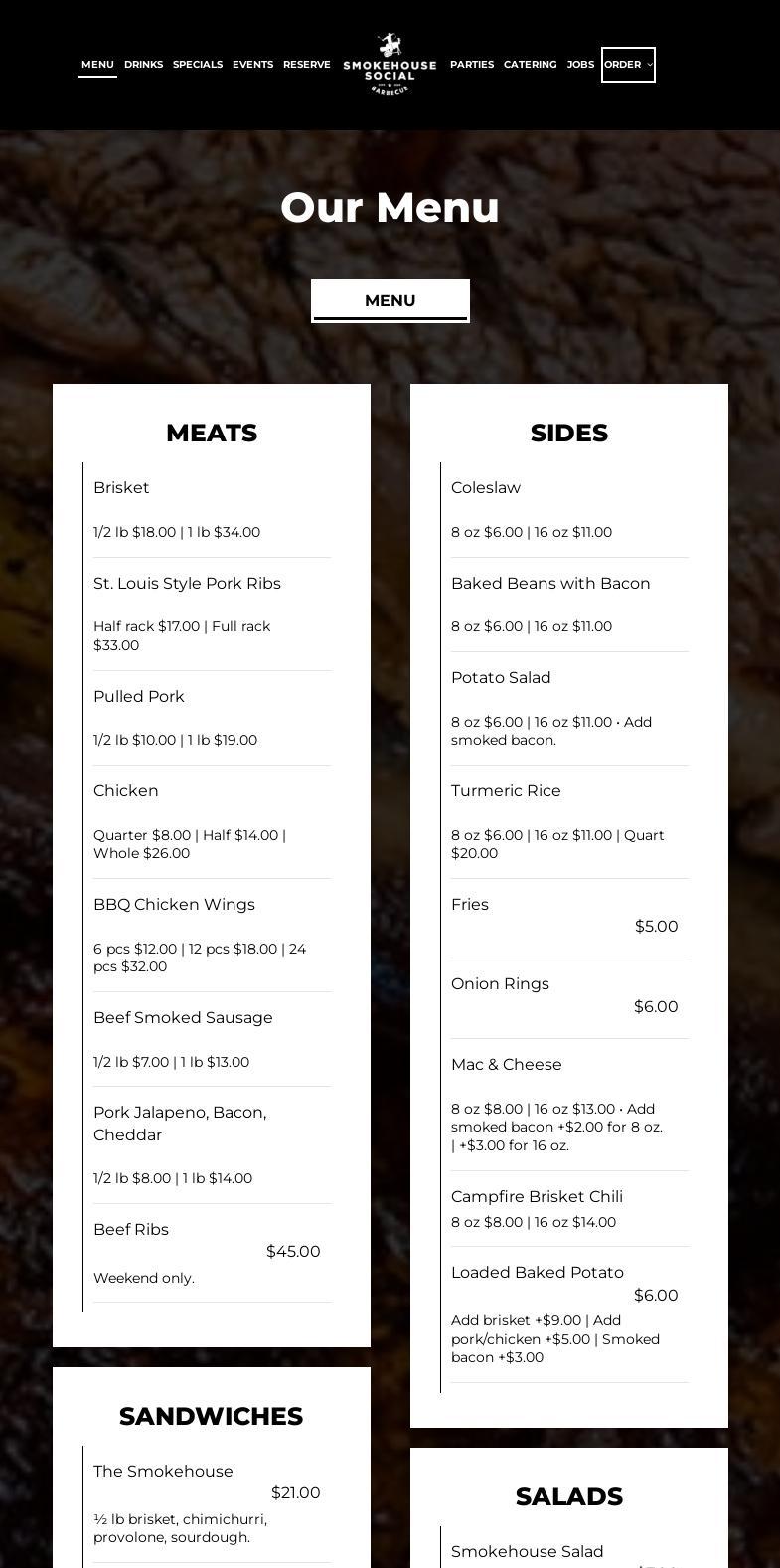 Smokehouse Social Barbecue Menu