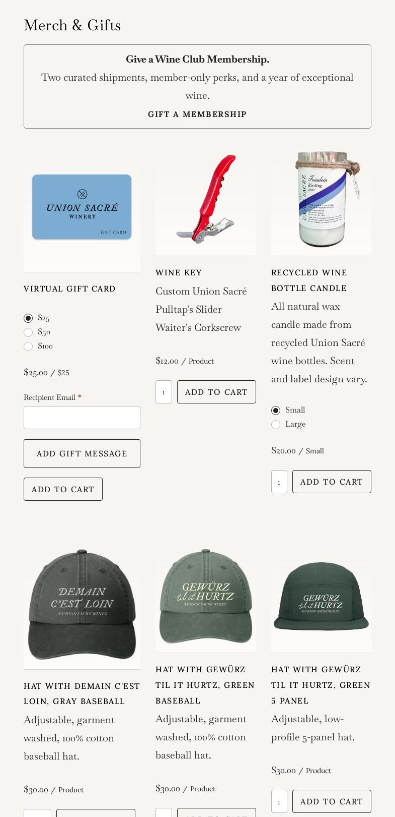 Union Sacre Winery Menu