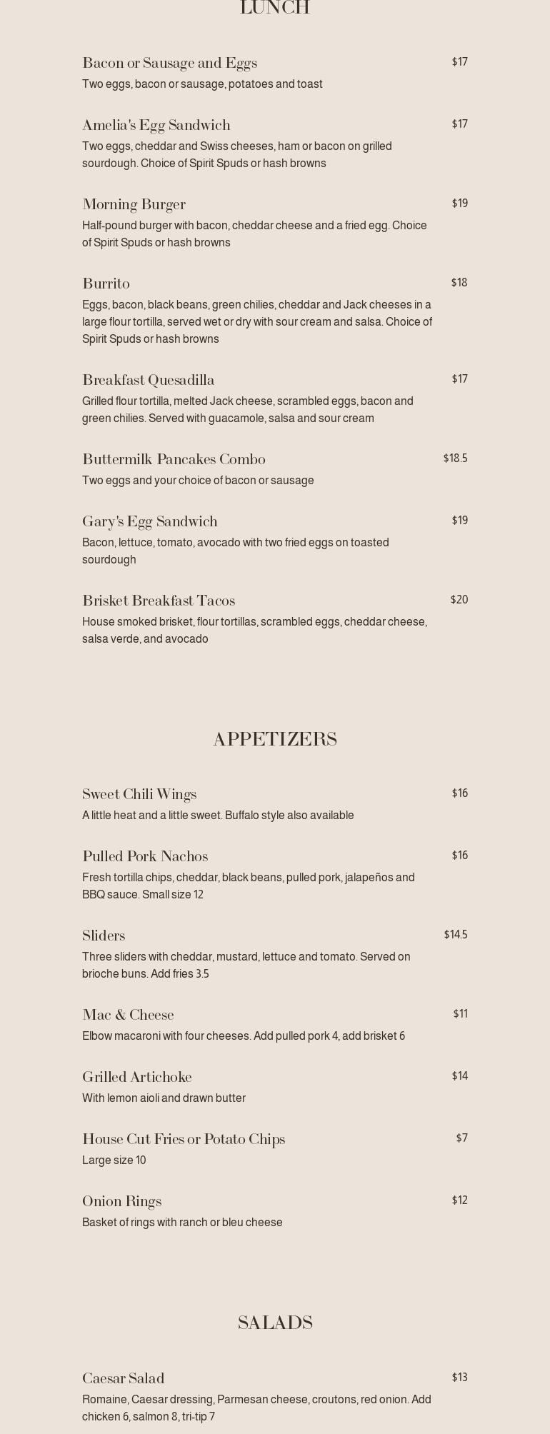 Spirit of Paso Robles Restaurant Menu