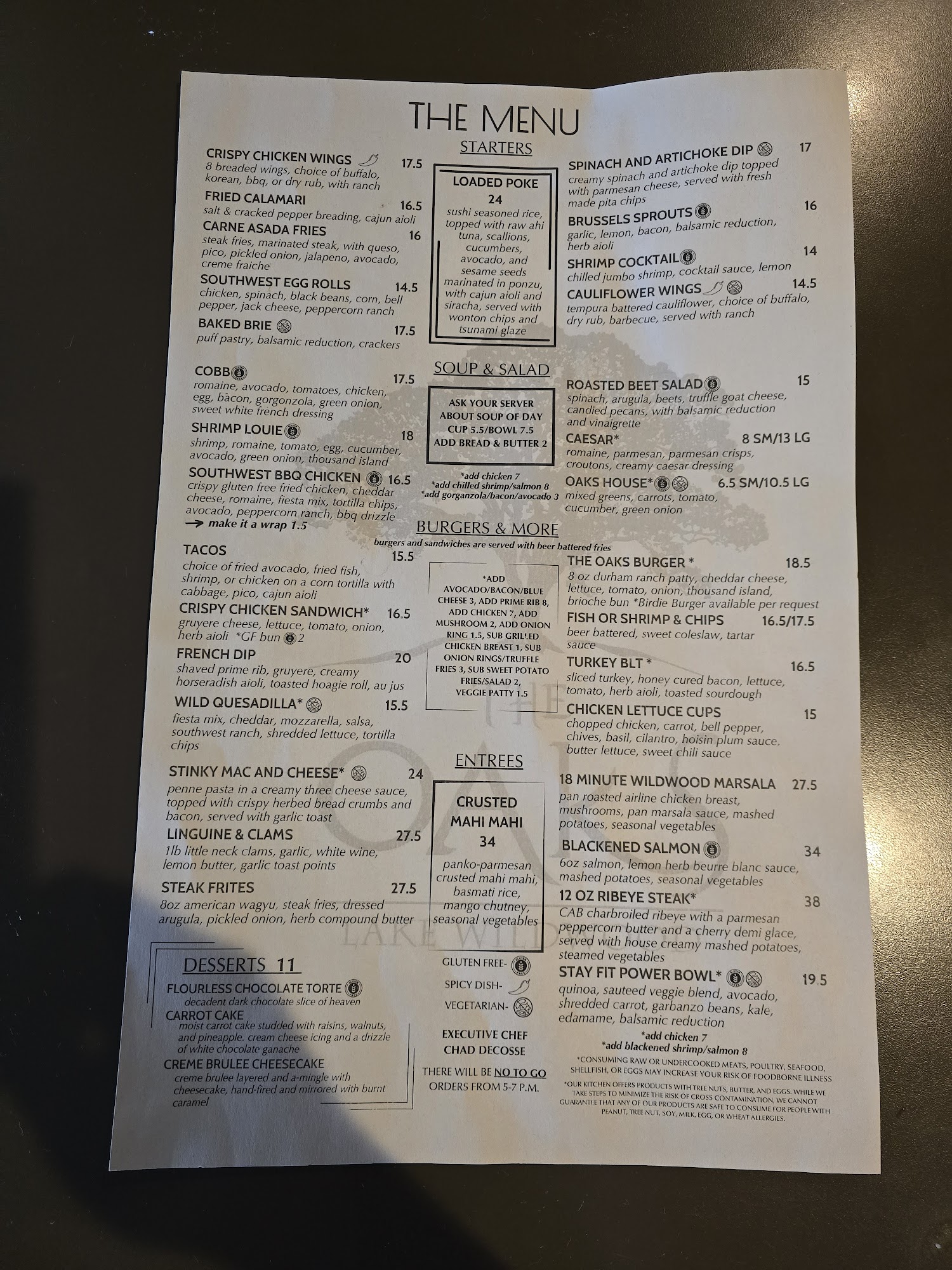 The Oaks Clubhouse Menu