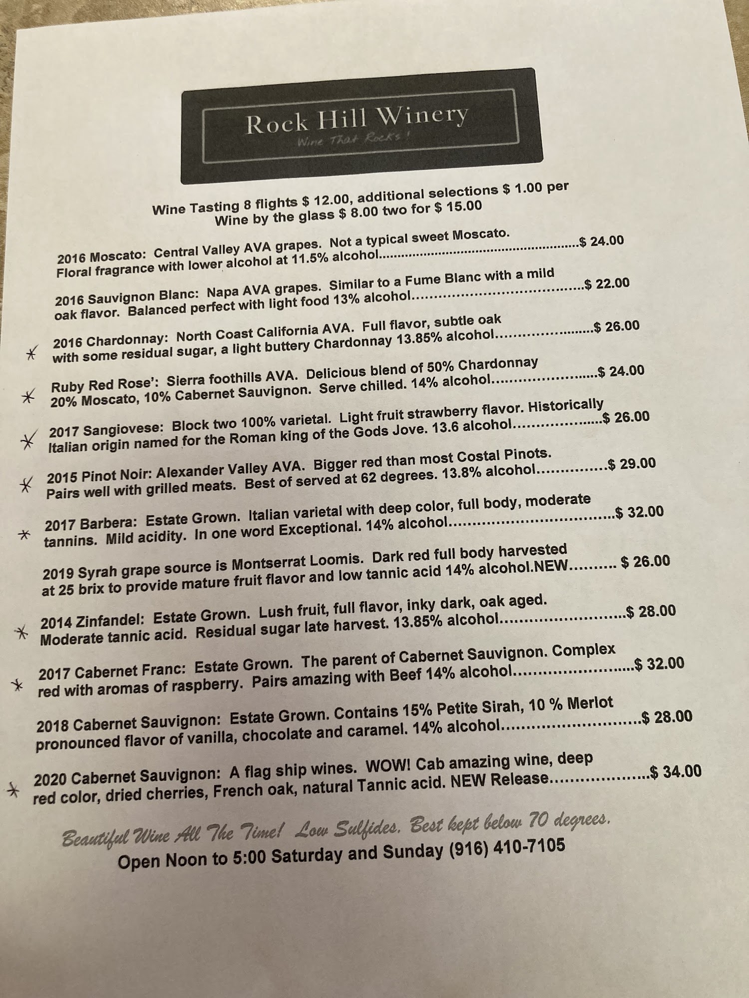 Rock Hill Winery Menu