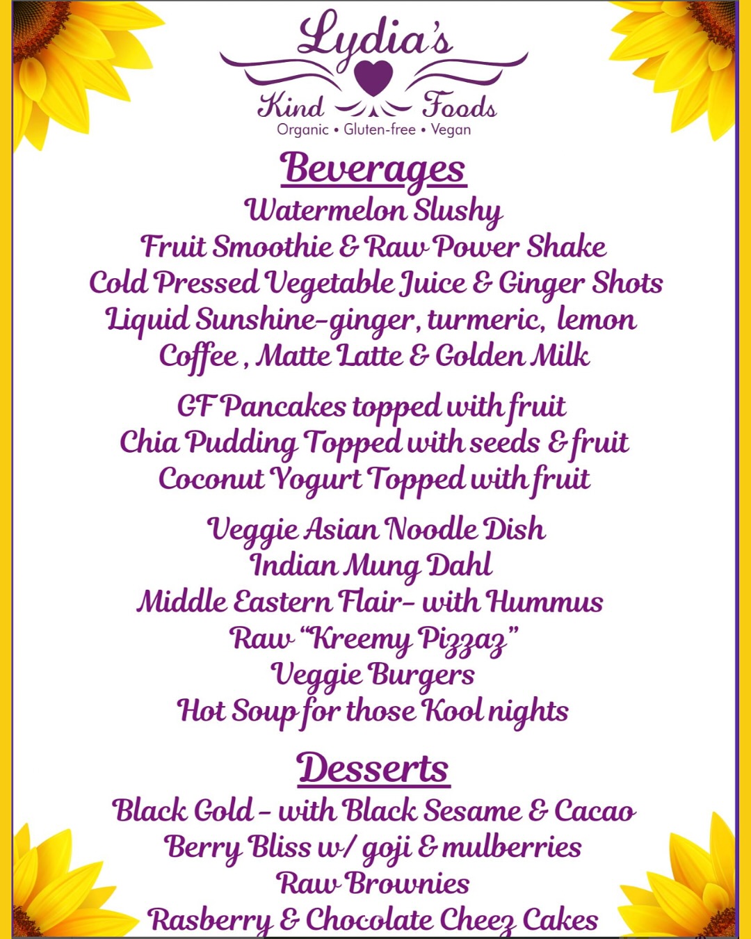 Catering by Lydia's Organics Menu