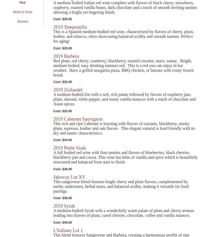 Fenton Herriott Vineyards Menu