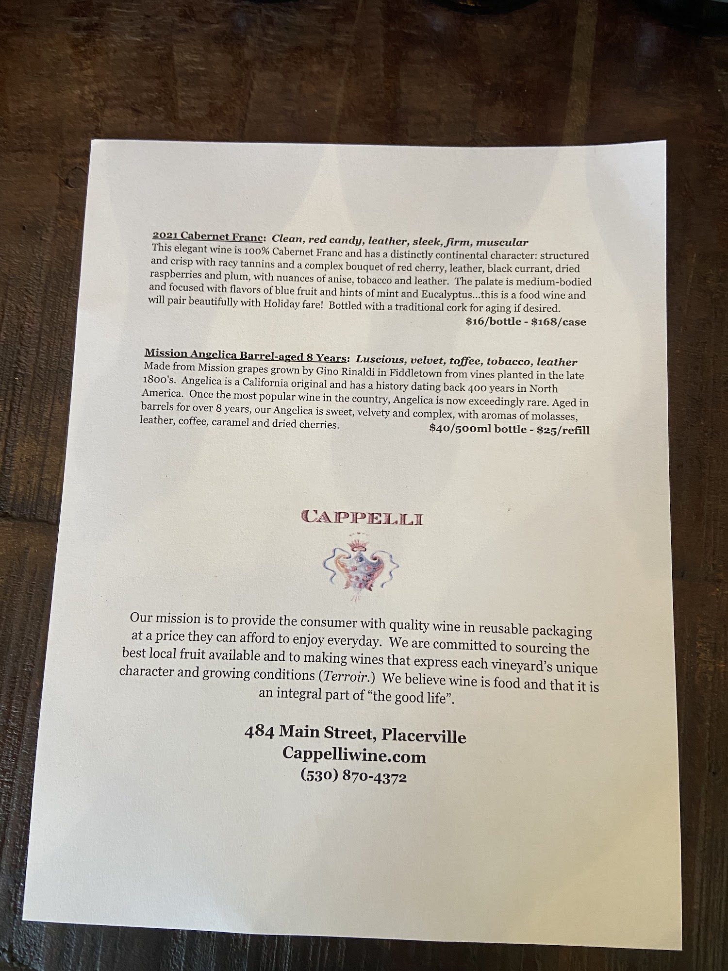 Cappelli Wine Menu