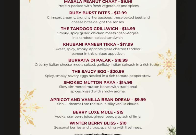 Mantra India Rooftop Restaurant & Bar Menu