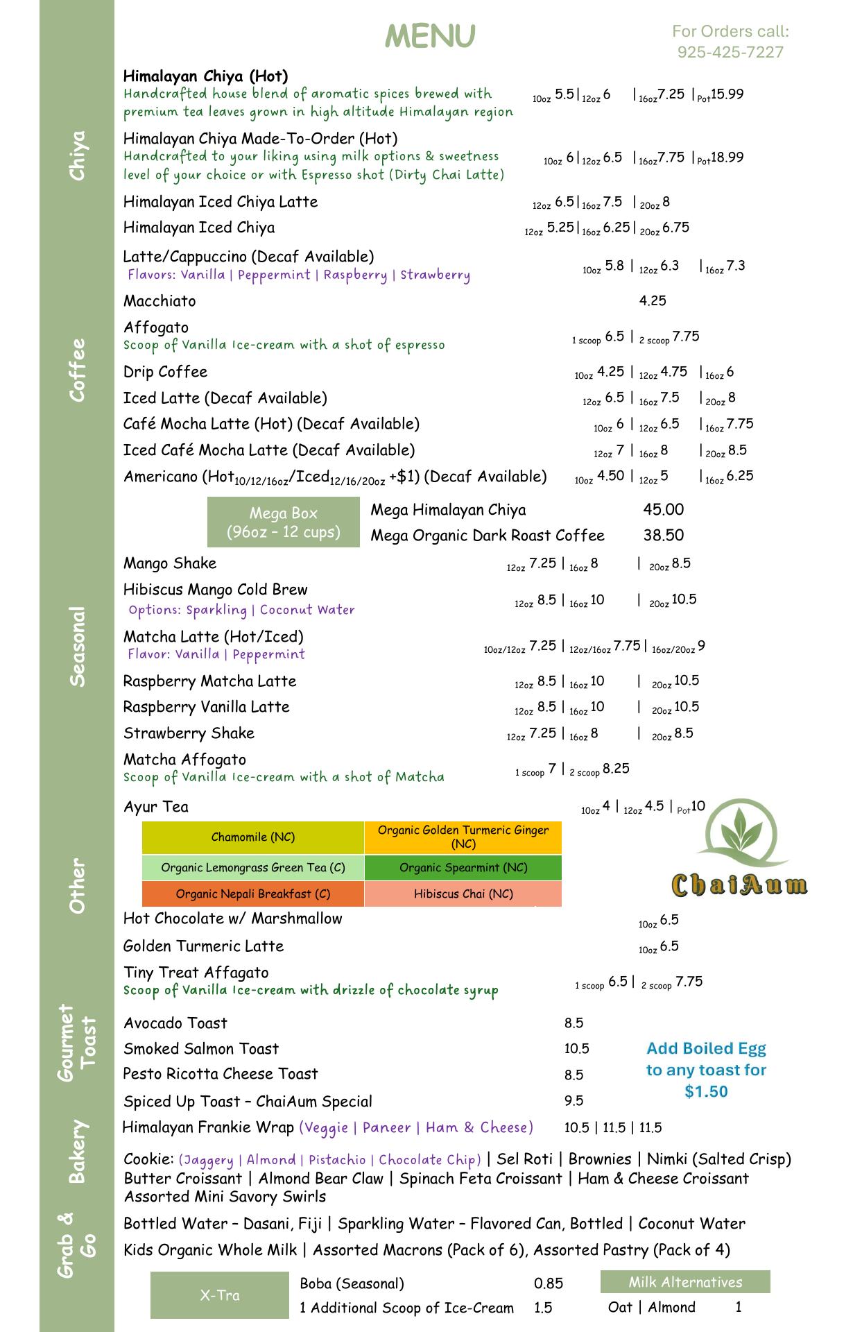 ChaiAum-Tea and Coffee Menu