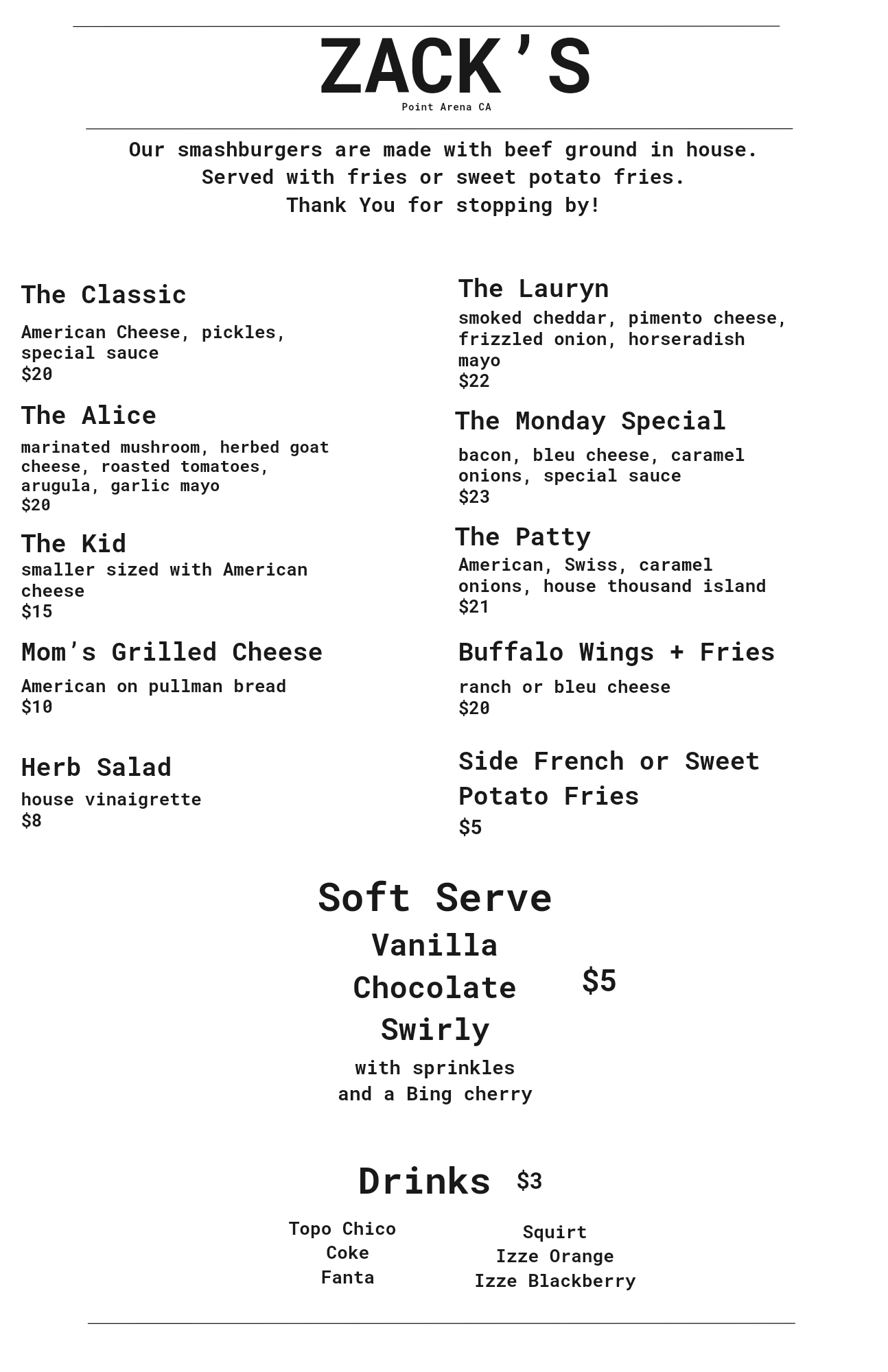 Zack's Menu