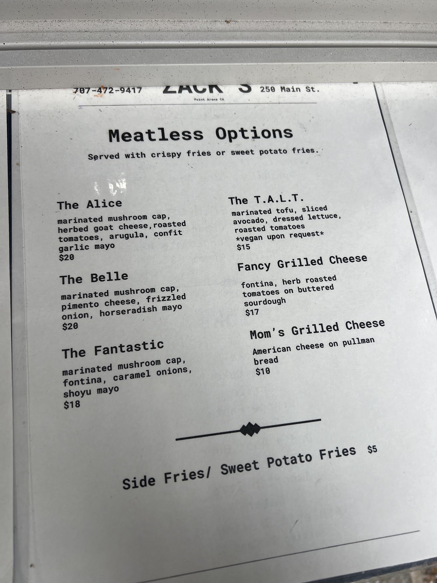 Zack's Menu