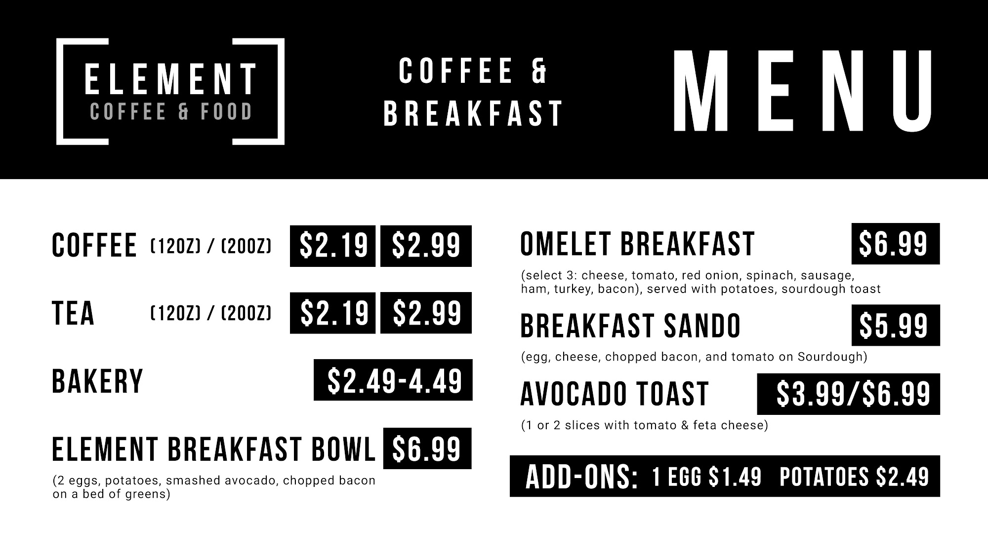 Element Coffee and Food Menu
