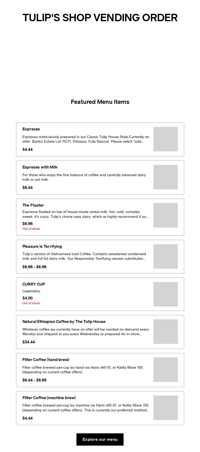 TULIP's SHOP Menu