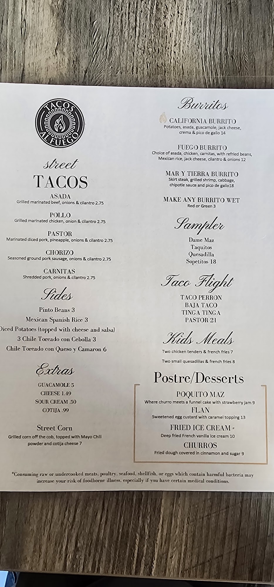 Tacos al Fuego Menu